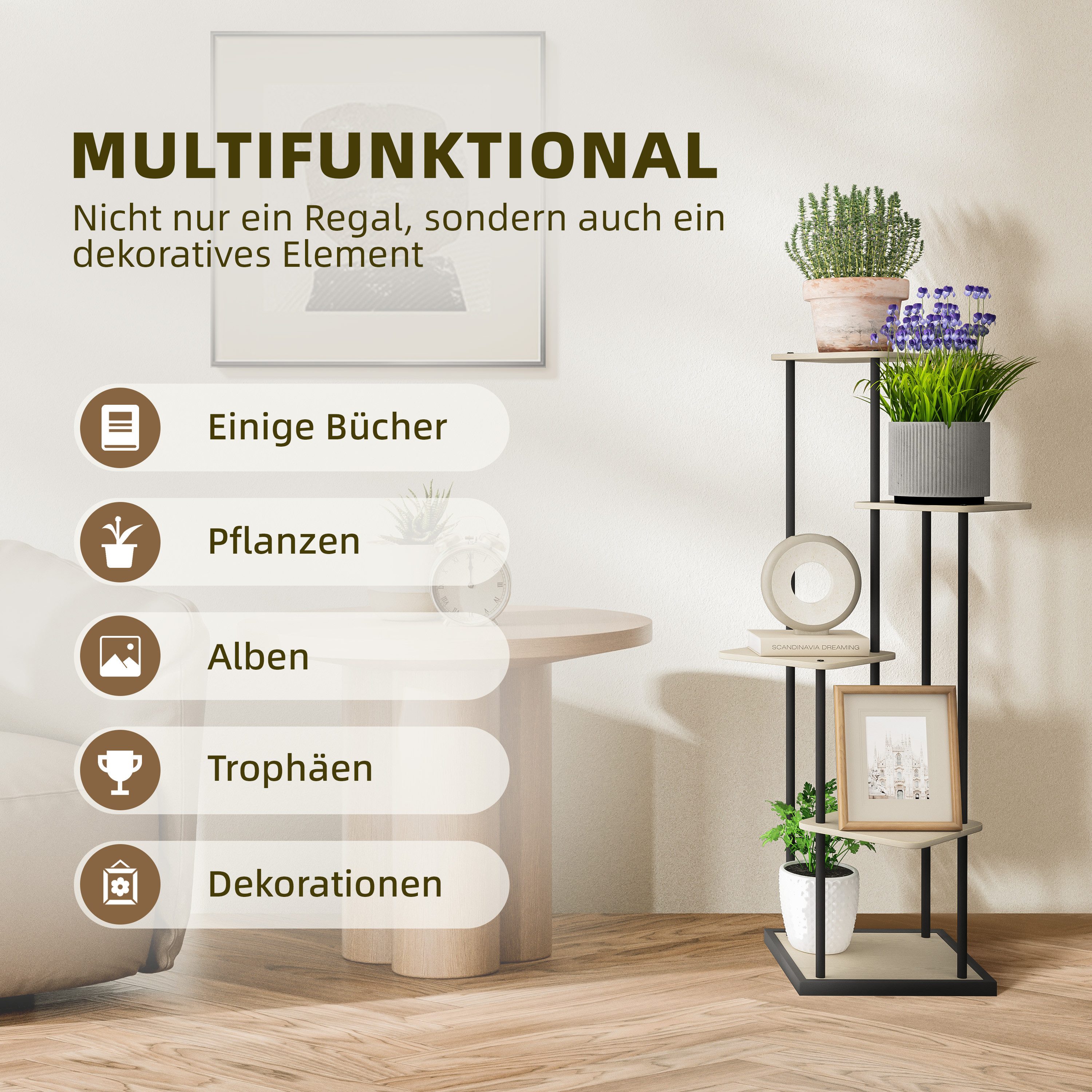 Ribelli Pflanzentreppe 5 Etagen Pflanzenständer, Blumenständer 106cm Höhe, Blumenregal aus Holz und Metall, Deko für Balkon Garten Wohnzimmer