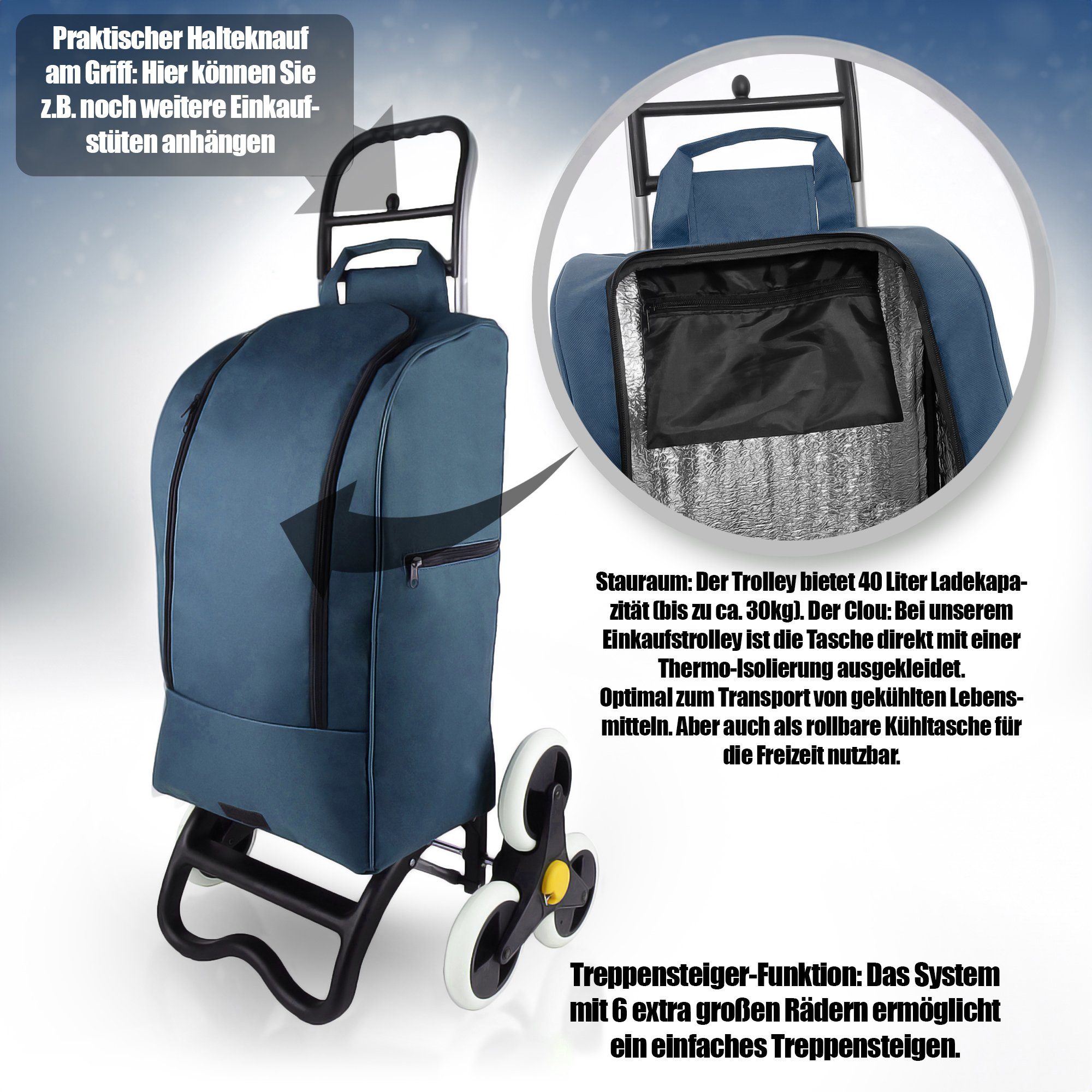 Treppensteiger-Funktion, BigDean Kühlfach Einkaufstrolley 40L Transporttrolley faltbar mit