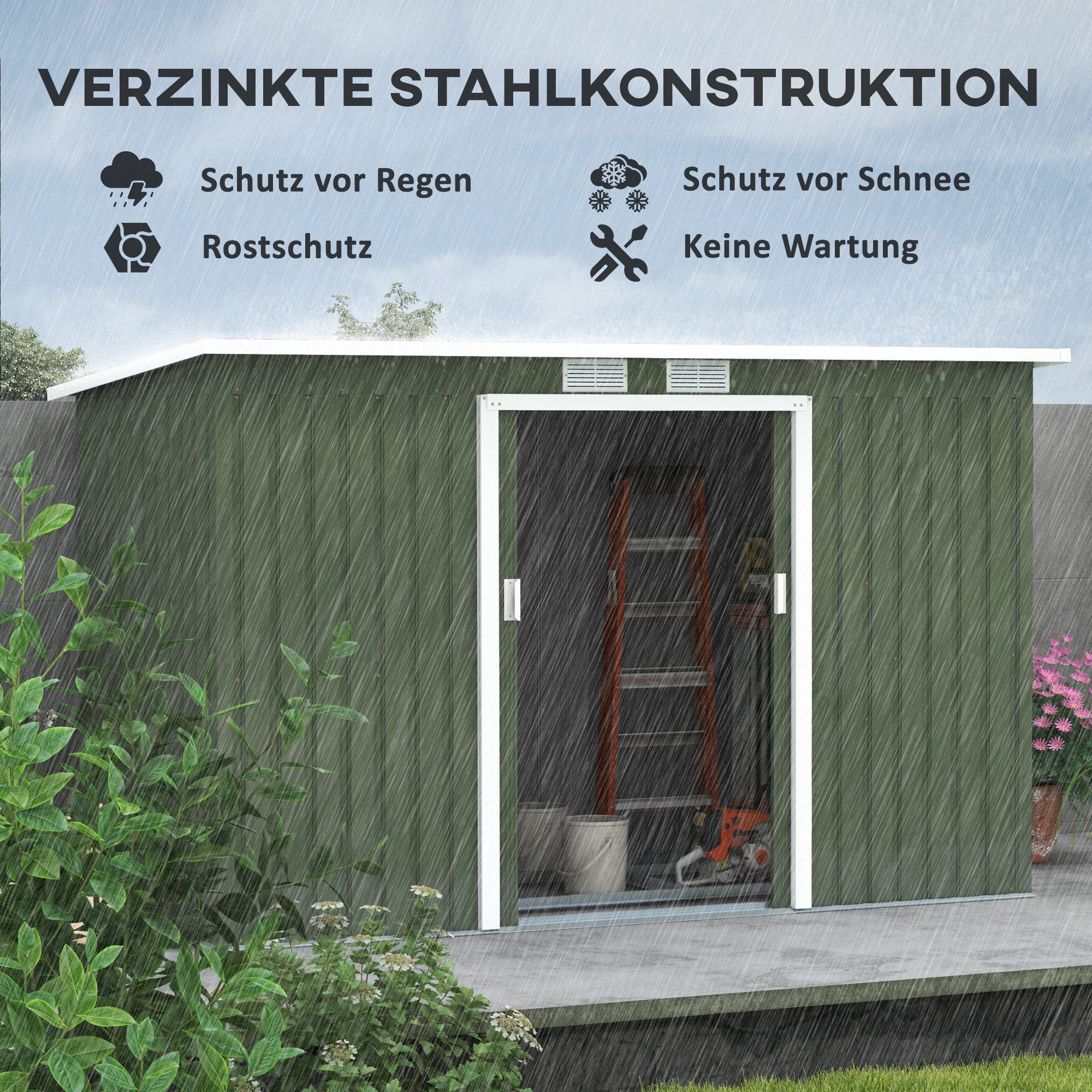 CHICFURN Gerätehaus Stahl-Gartenschuppen mit Pultdach, Schiebetür und Lüftungsfenster, BxT: 280x130 cm, (Packung, 1 St), 280x130x172 cm, Hellgrün, für Werkzeuge im Garten