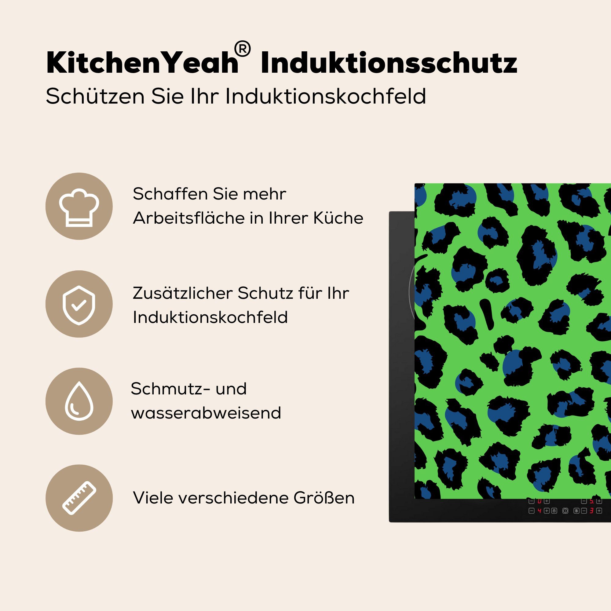 für Panther Vinyl, Neon Blau, Induktionskochfeld Küchen - - MuchoWow (1 Grün 58x51 cm, Dekoration tlg), Induktionsherd, Druck - Herdblende-/Abdeckplatte