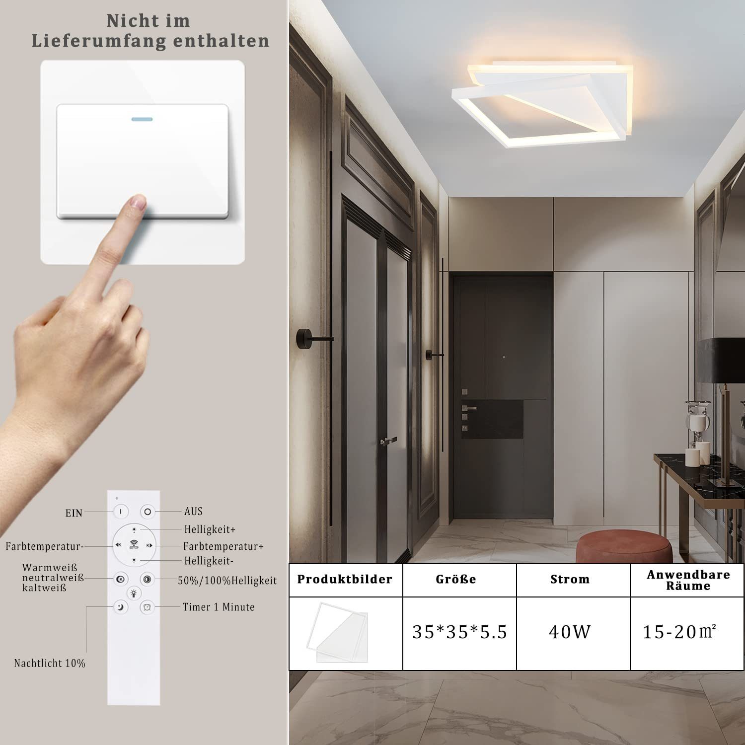ZMH LED Deckenleuchte Dimmbar Modern für Wohnzimmer Esszimmer Büro Küche Flur, LED fest integriert, Tageslichtweiß