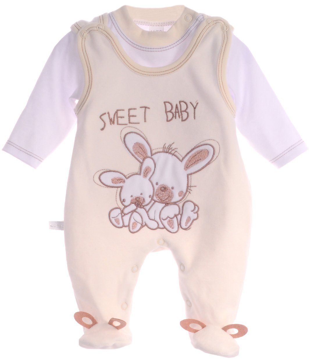 La Bortini Strampler Stramplerhose Shirt Baby Anzug in Creme mit Hasen aus weichem Velours und Baumwolle, 44 50 56 62 68