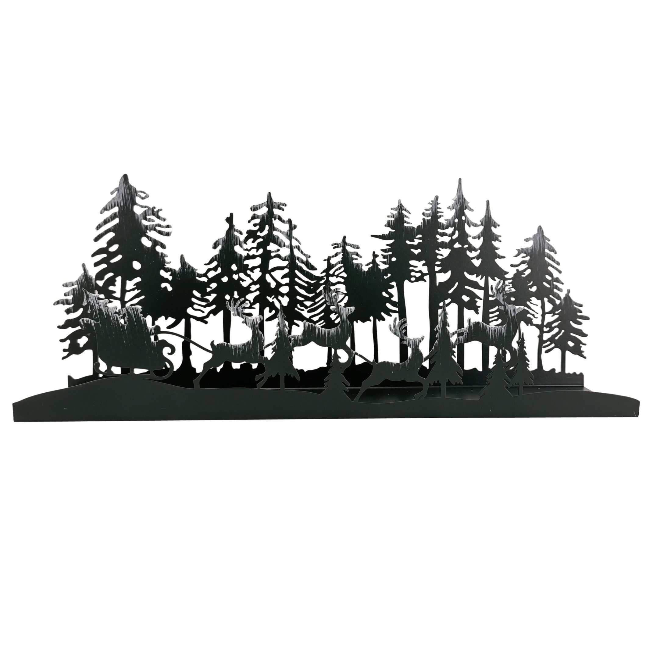 Online-Fuchs Kerzenständer Tannenwald - Kerzenhalter, Adventskranz für Teelichter & Stumpenkerzen (kann mit Tannenzweigen und Weihnachtskugeln ergänzt werden, Tischdeko), im Vordergrund ist der Weihnachtsmann mit seinem Rentiergespann