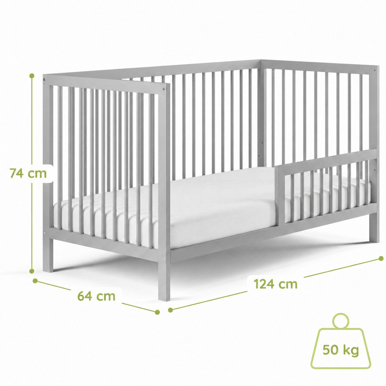 Kids Collective Babybett Kinderbett Gitterbett Baby Bett mit Rausfallschutz 60x120 70x140, stabiles Buchenholz, made in Europe 60x120 cm Grau