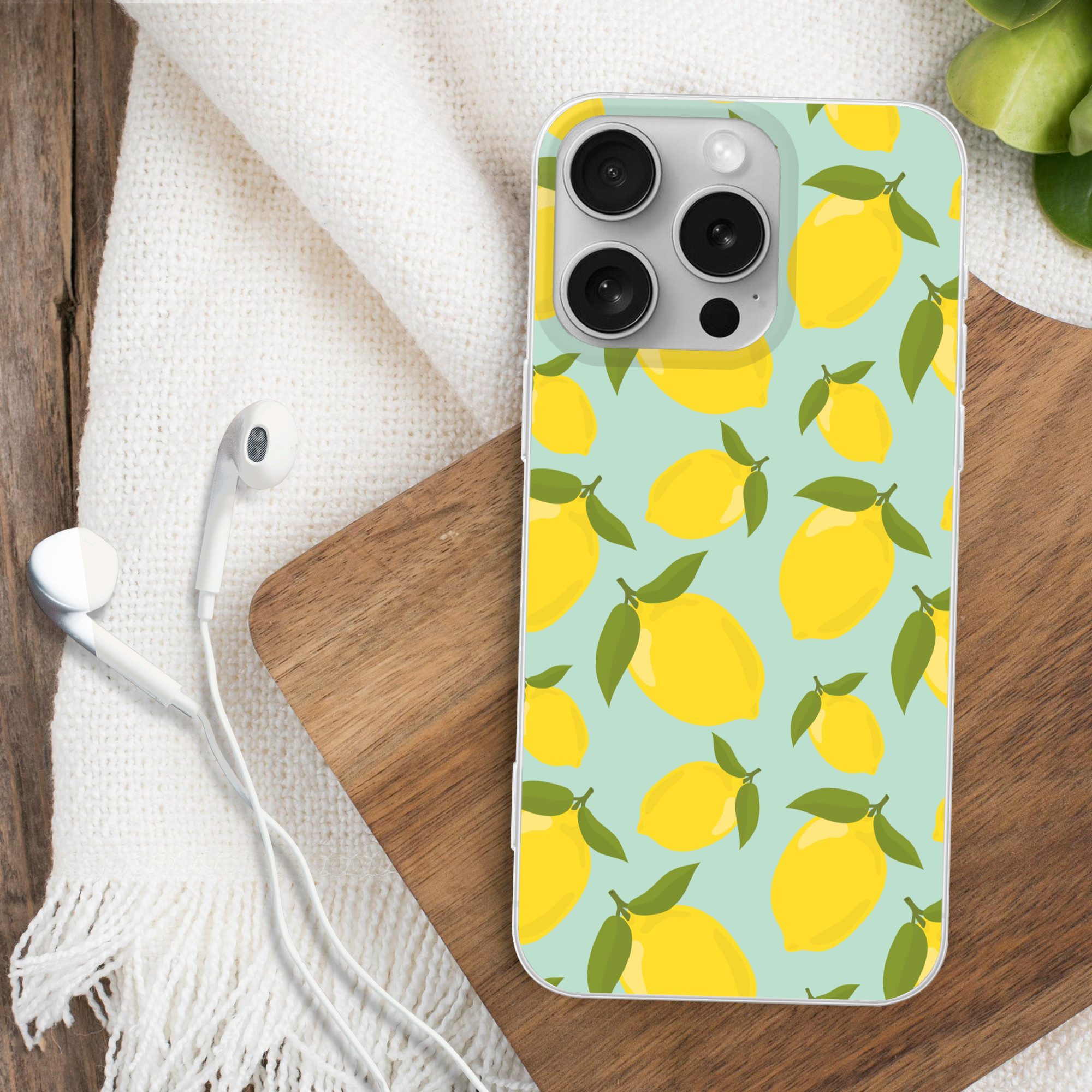 MuchoWow Handyhülle für Apple iPhone 16 Pro Muster Zitronen - Gelb - Blau - Muster - Früch, Smartphone-Bumper, Print, Handy Schutzhülle Dünn
