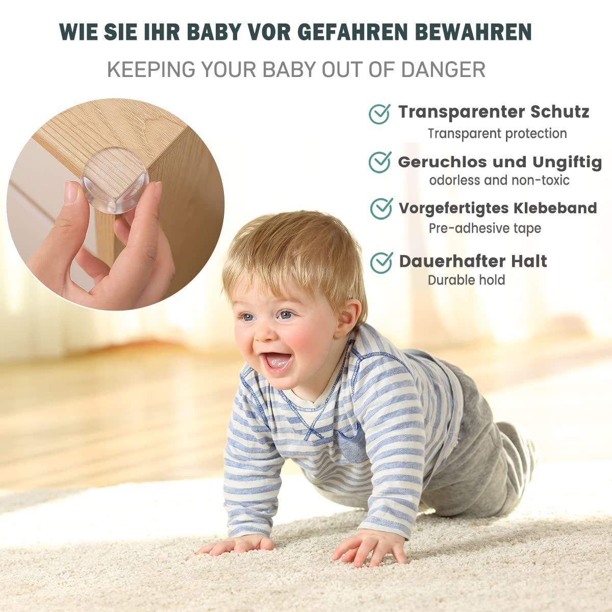 Montegoni Kindersicherung 8er Set Eckenschutz rund Silikon – Sicherer Schutz für Babys, Hochwertiges Material: Aus langlebigem, ungiftigem Silikon gefertigt.