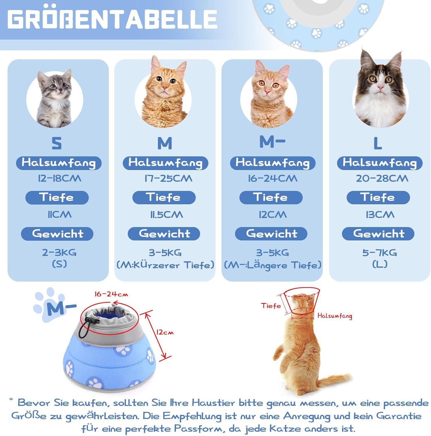 FELIXLEO Haustierklappe Halskrause Katze M weich verstellbar nach OP Blau