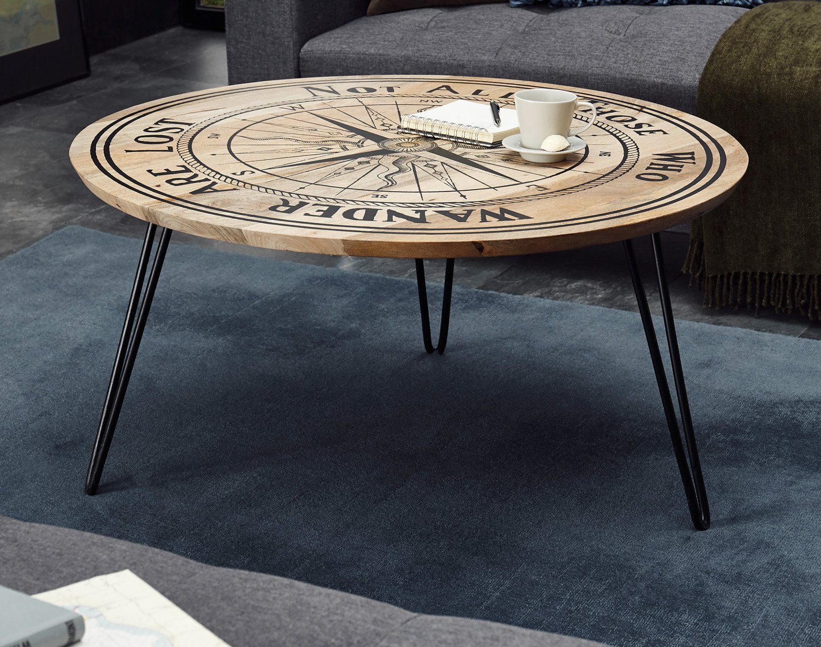 MCA Massivholz Ø Metallgestell, 90 mit (Tisch furniture aus Nevis cm), Kompass-Motiv Couchtisch mit