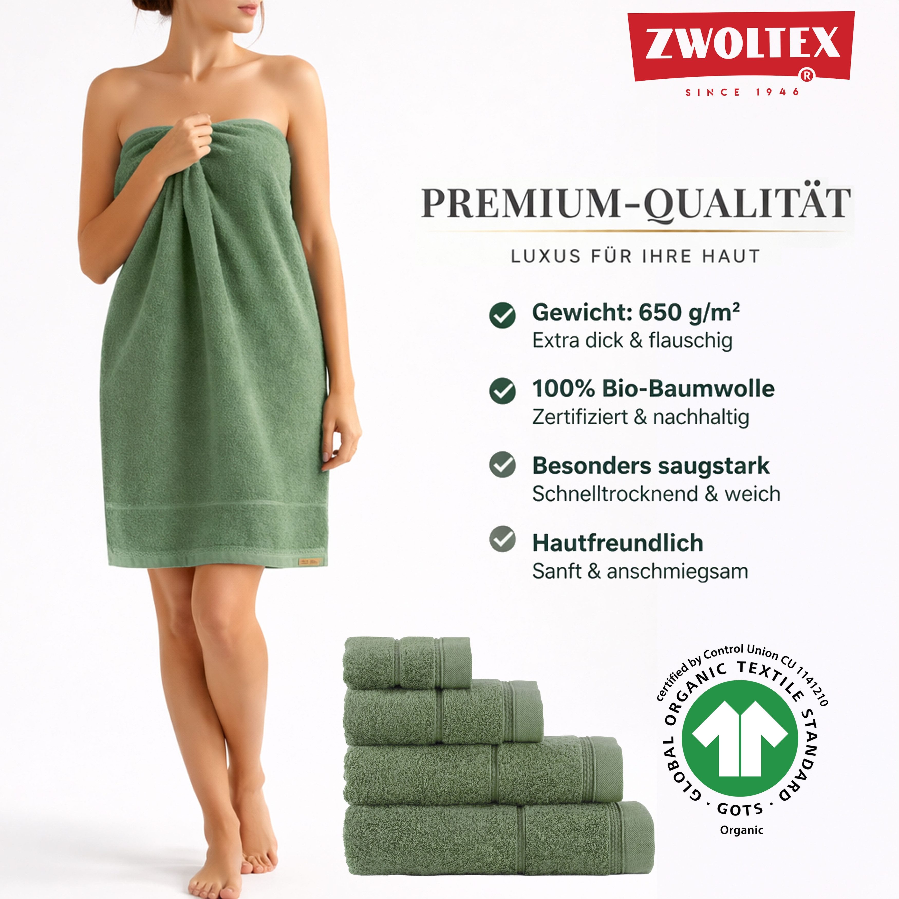 Zwoltex Handtücher 650g/m² weiche Gästetücher Set saugstark Baumwolle Grün, (GOTS Bio Baumwolle OEKO-TEX zertifiziert Gästetücher 4x30x50), Besonders flauschige Oberfläche für angenehme Nutzung im Alltag
