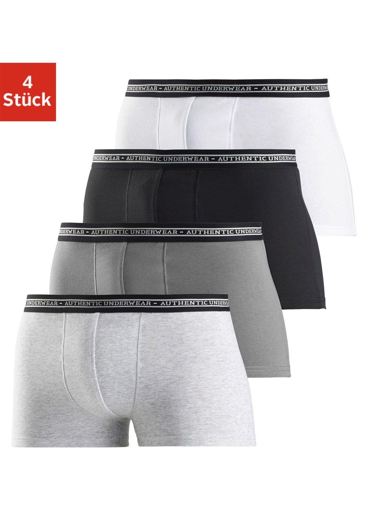 AUTHENTIC schwarzer UNDERWEAR mit Webbund Boxer 4-St), Logoschriftzug (Packung, schwarz, grau-meliert, grau, weiß