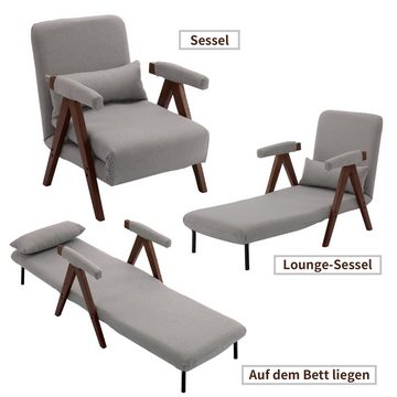 Merax Sessel 3-in-1 faltbar mit Leinenbezug und Metallrahmen, Massivholzbeine, Liegesessel mit 6 Fach vestellbarer Rücklehne, Relaxliege umwandelbar