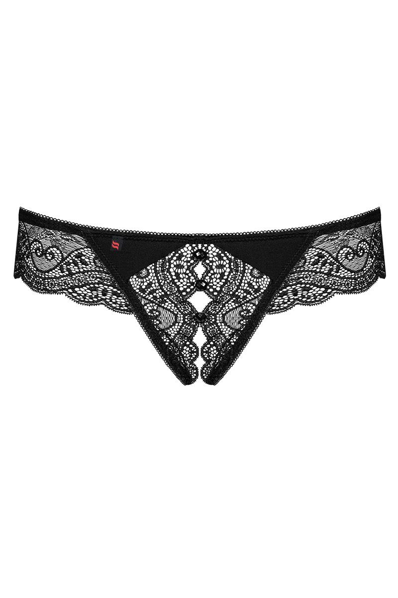 Panty-Ouvert Offener String Miamor schwarz mit Spitze Stretch Thong transparent S