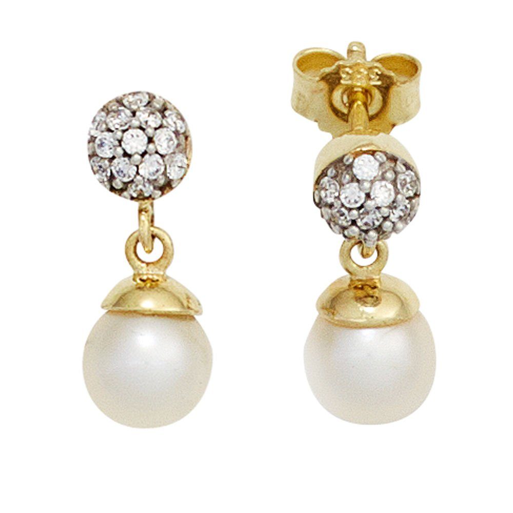 Schmuck Krone Paar mit Perlen weiß Damen 333 Gelbgold Ohrringe Ohrhänger Gold Zirkonia & Süßwasser Ohrhänger
