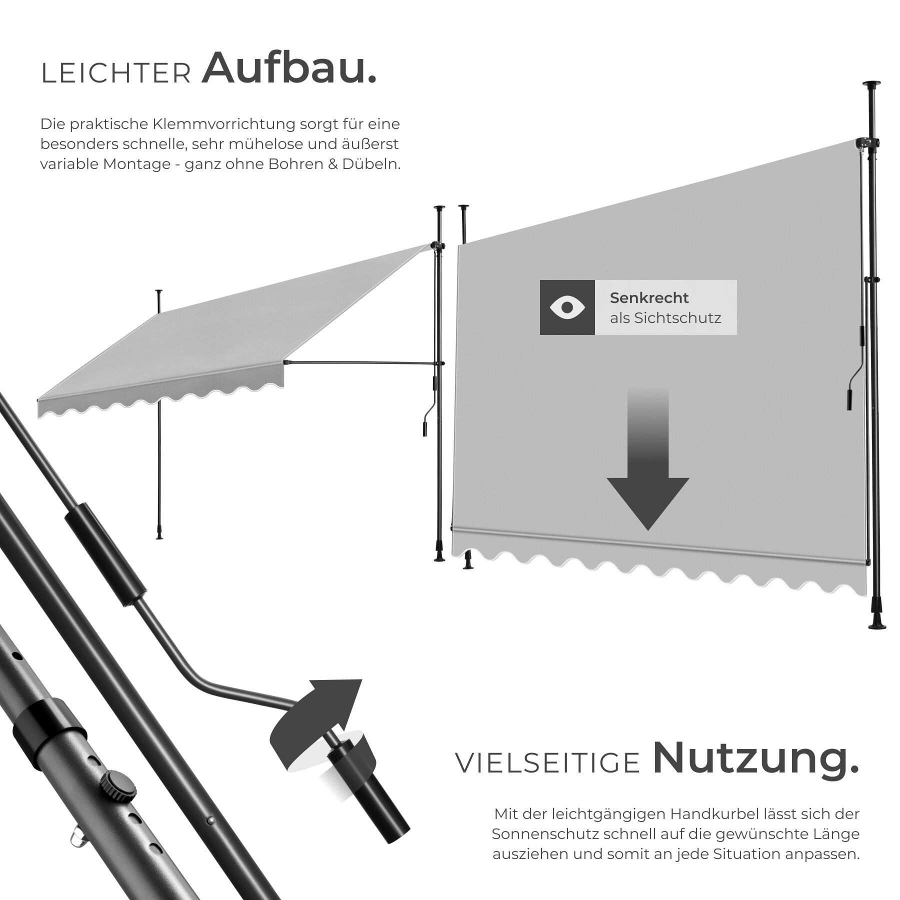tectake Klemm-Senkrechtmarkise Klemmmarkise mit Handkurbel und bis 90° neigbar, UV-beständig (Sichtschutz/Sonnenschutz, Balkonmarkise für Terrasse und Garten, i – Bild 3 von 5