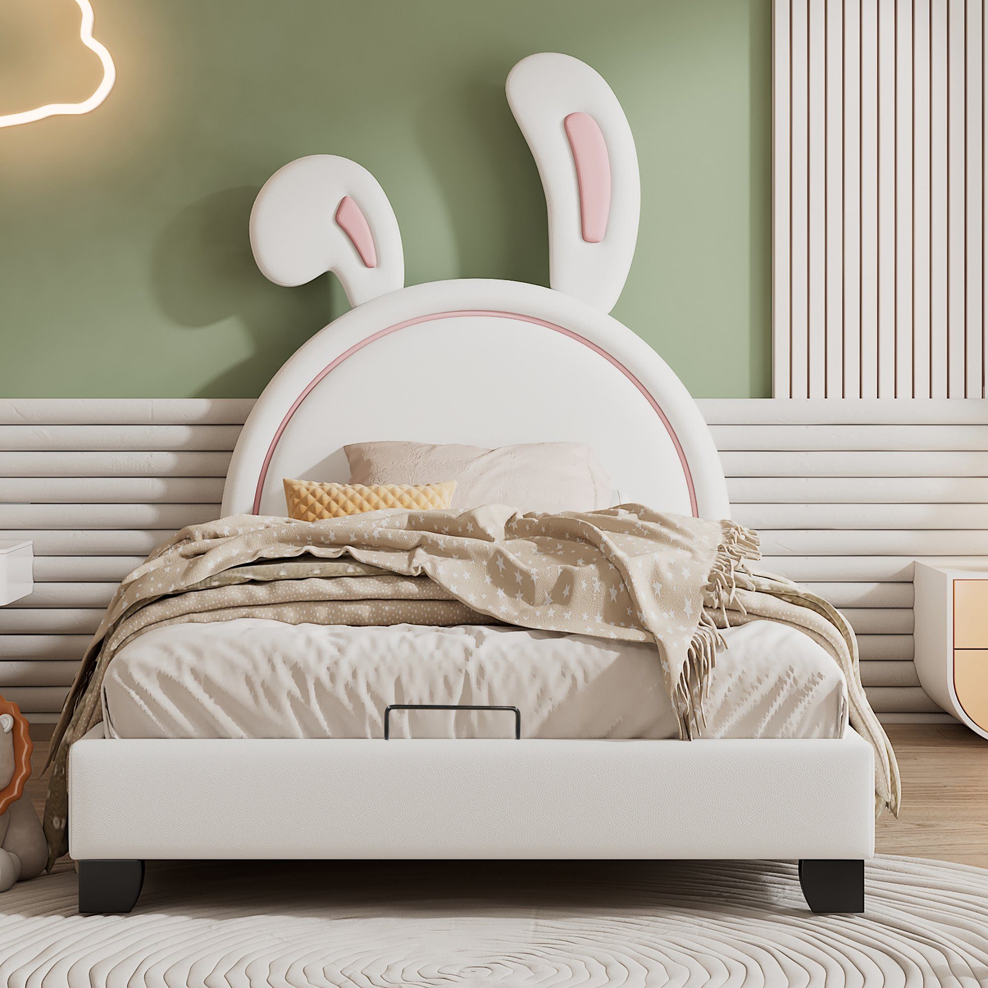 OKWISH Bett Einzelbett Kinderbett Polsterbett 90*200cm (mit Lattenrosten und Rückenlehne, mit erhöhten Füßen), Matratze nicht enthaltet Weiß