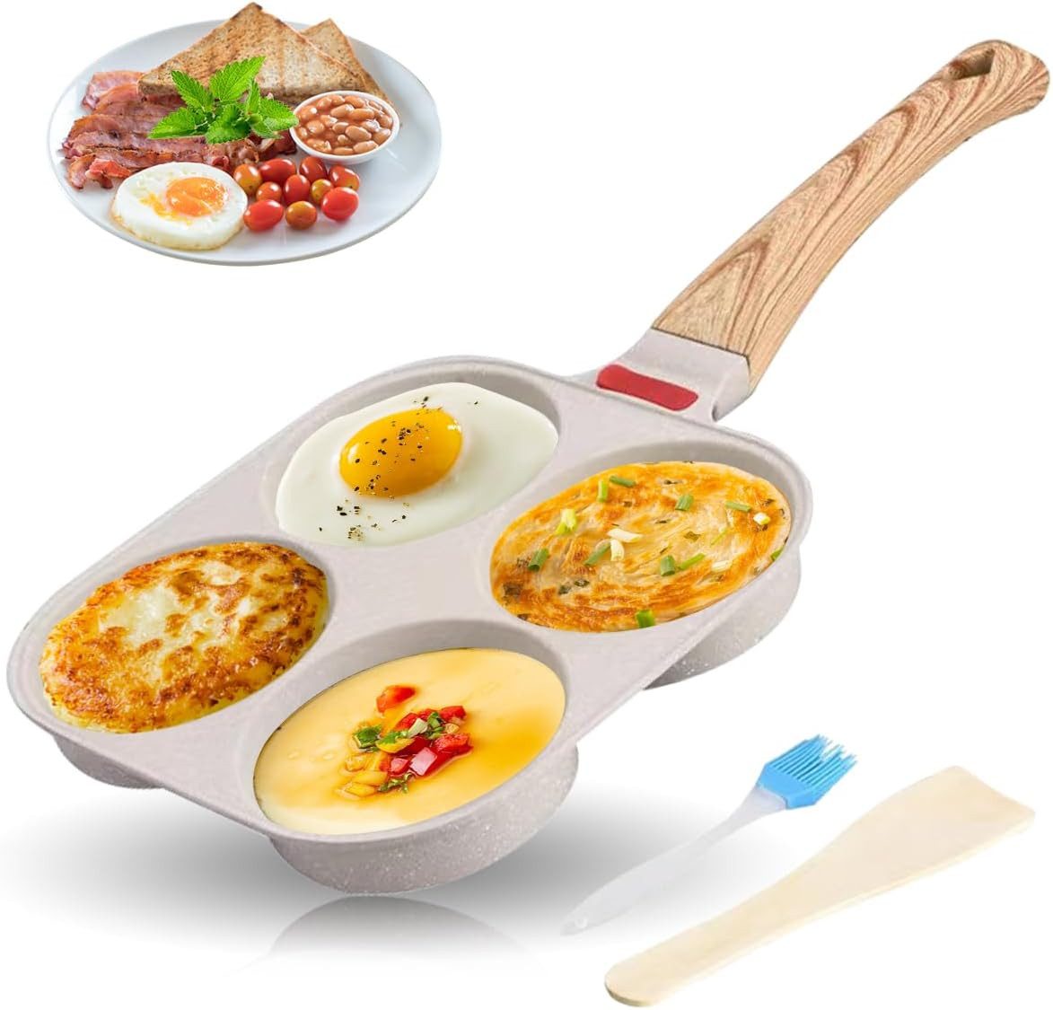 BlingBin Bratpfanne Spiegeleipfanne, 4 Loch Pancake Pfanne, Antihaftpfanne, Omlettpfanne, Steinzeug, Aluminium (1er Set, 1-tlg., 1 Stück), Multifunktionaler Frühstückstopf für Induktionsherd Gasherd, Beige