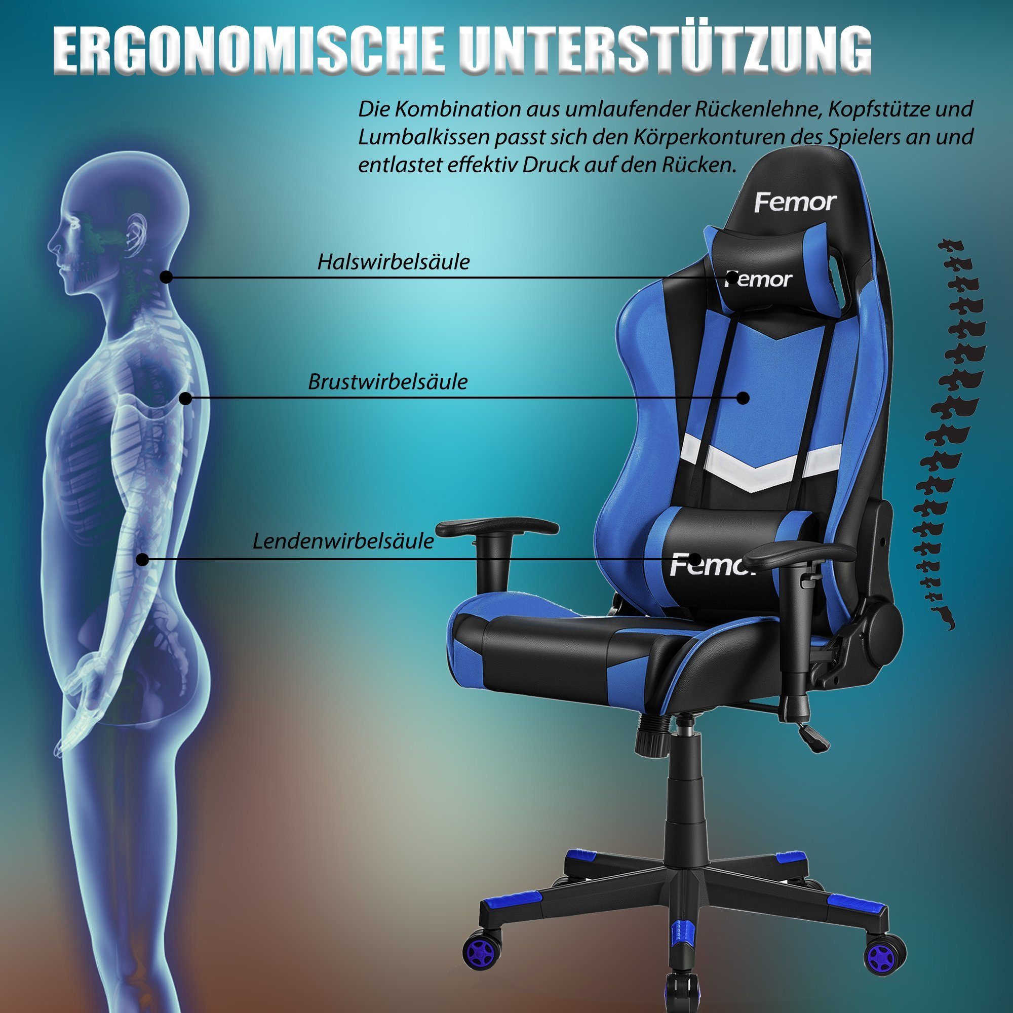 Femor blau Chair 90°-160° Stuhl Gaming Gaming Gamer Neigungswinkel Stuhl,