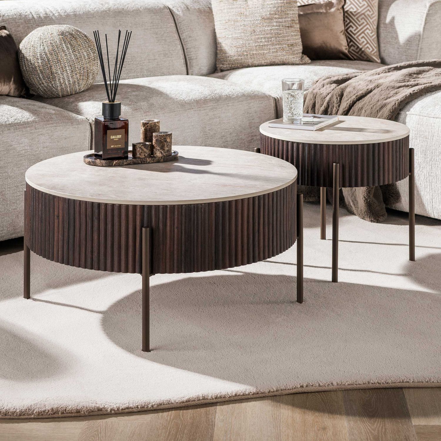 alesvelt Couchtisch CERAMO 2-teiliges Rundtisch-Set mit 3D-Keramikplatte & Wellen-Dekor (2er Set), Kratzfest, hitzebeständig, pflegeleicht