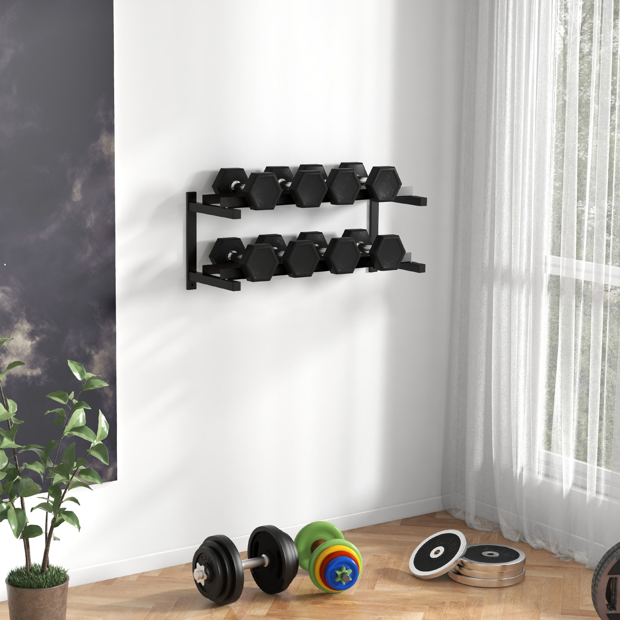 SPORTNOW Kurzhantelständer Hantelständer Wandhalterung mit 2 Ablagen, Kettlebell, (Hantelablage, 1-St., Gewichtshalter), bis 70 kg belastbar, Stahl, Schwarz, 98 x 40 x 35cm