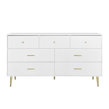 MODFU Sideboard Küchenschrank Kommode (7 Schubladen,goldene Griffe, goldene Beine), latte Schubladenführungen, 140*35*76cm