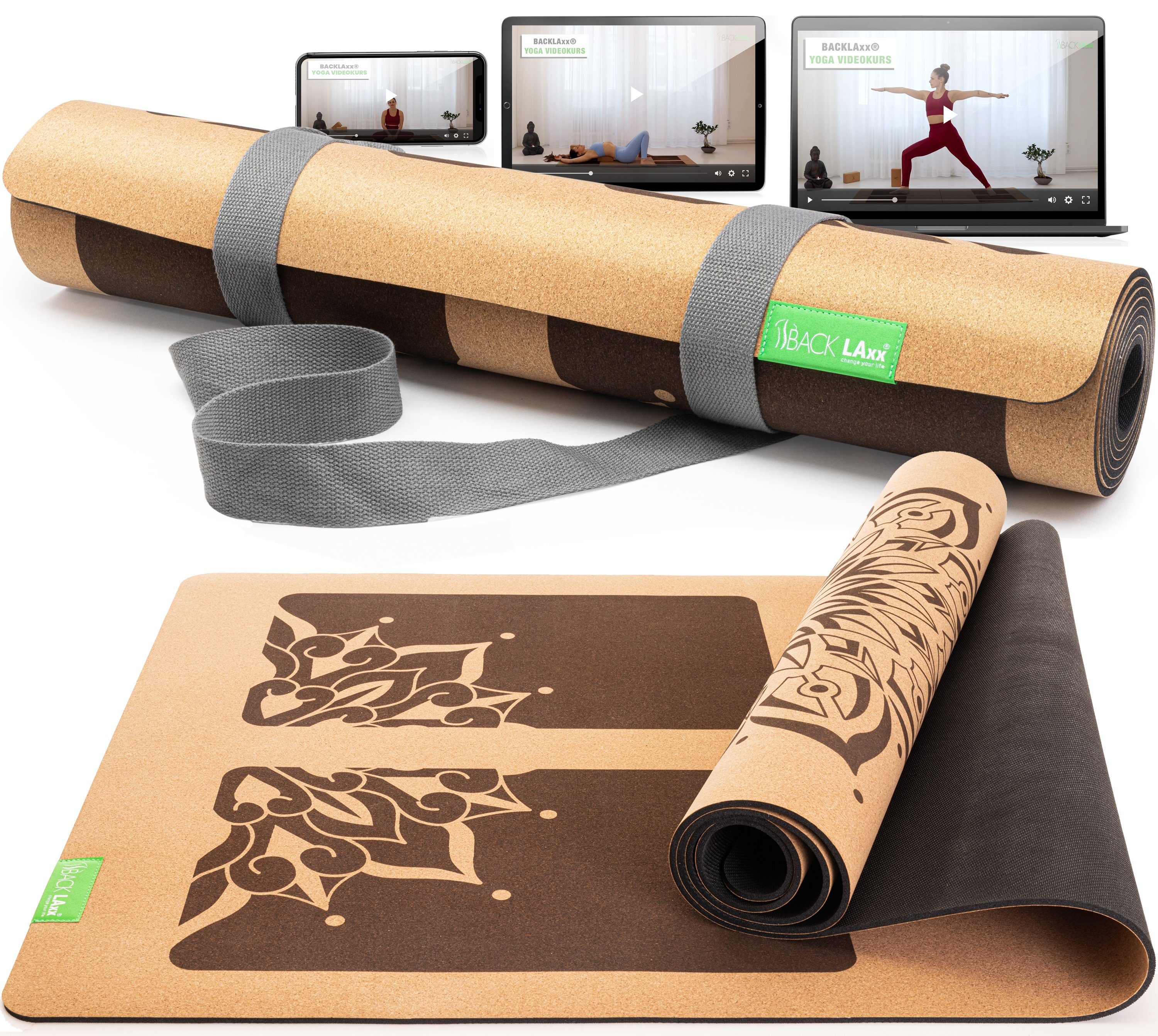 BACKLAxx® Yogamatte aus hochwertigem Kork, Gymnastikmatte 183 x 61 x 0,6 cm (Fitnessmatte aus Kork, inkl. Tragegurt & Videokurs), 4 mm stark, aus natürlichen Rohstoffen, mit Antirutschzonen