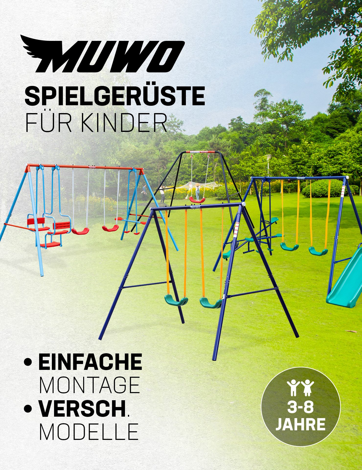 MUWO Schaukelkombination Spielgerüst mit 2 Schaukeln, Schaukelwippe, Gondel, Großes Spielgerüst mit Schaukeln, Schaukelwippe und Gondel