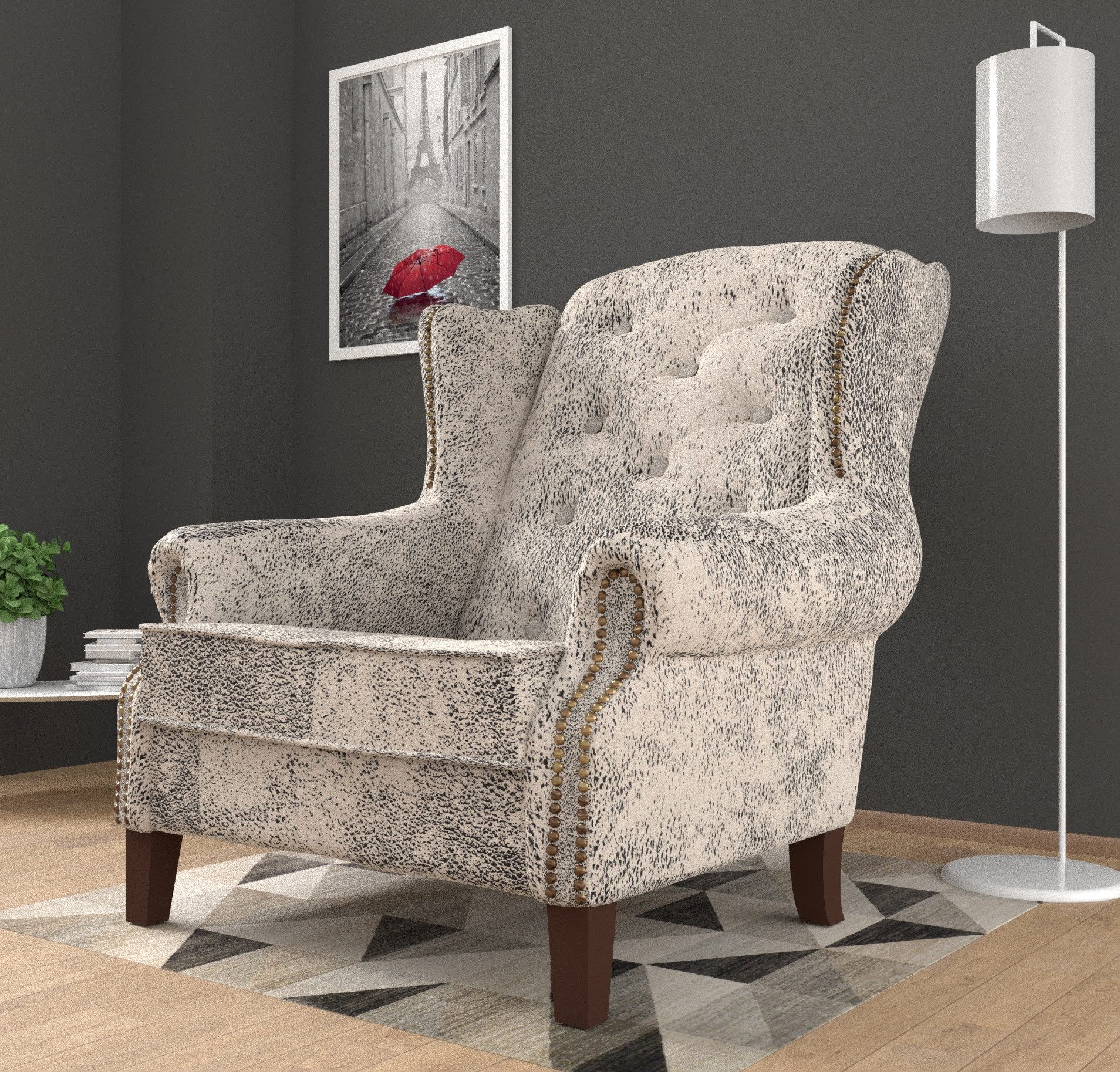 S-Style Möbel Ohrensessel Luzern, Chesterfield mit Steppung und Holzfüßen, mit Wellenfederung