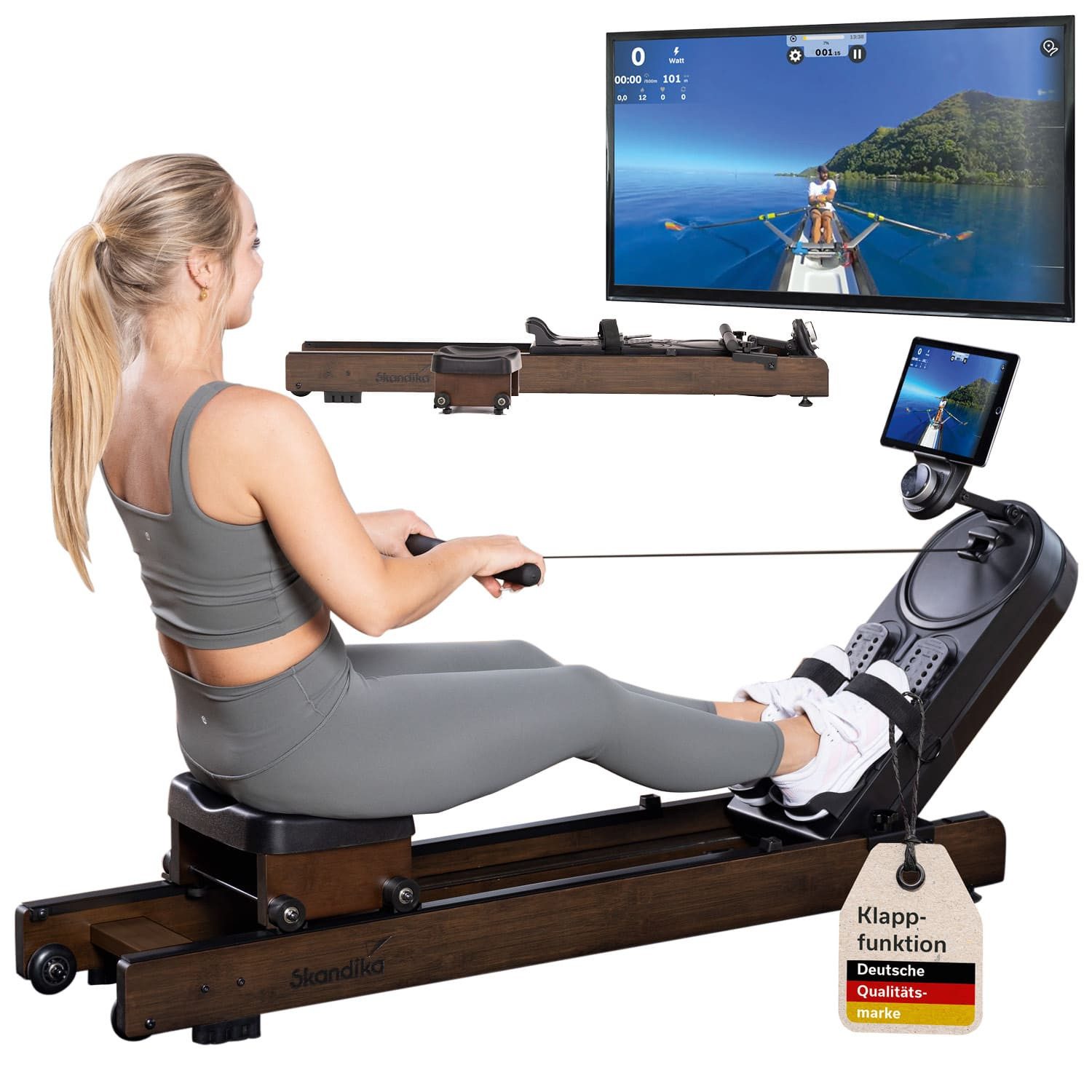 Skandika Rudergerät Holz für Zuhause Rovek, Magnetwiderstand mit 32 Stufen, aufstellbar, KinomapApp kompatibel, Bluetooth, Tablet Halterung, bis 195 cm