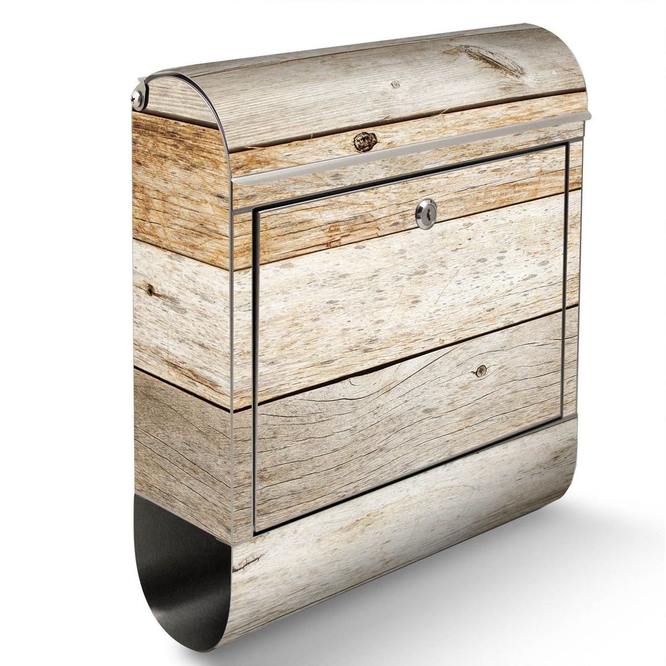 banjado Standbriefkasten Edelstahl Graues Holz (Standbriefkasten Graues Holz, mit Zeitungsfach), 126 x 53 x 17cm