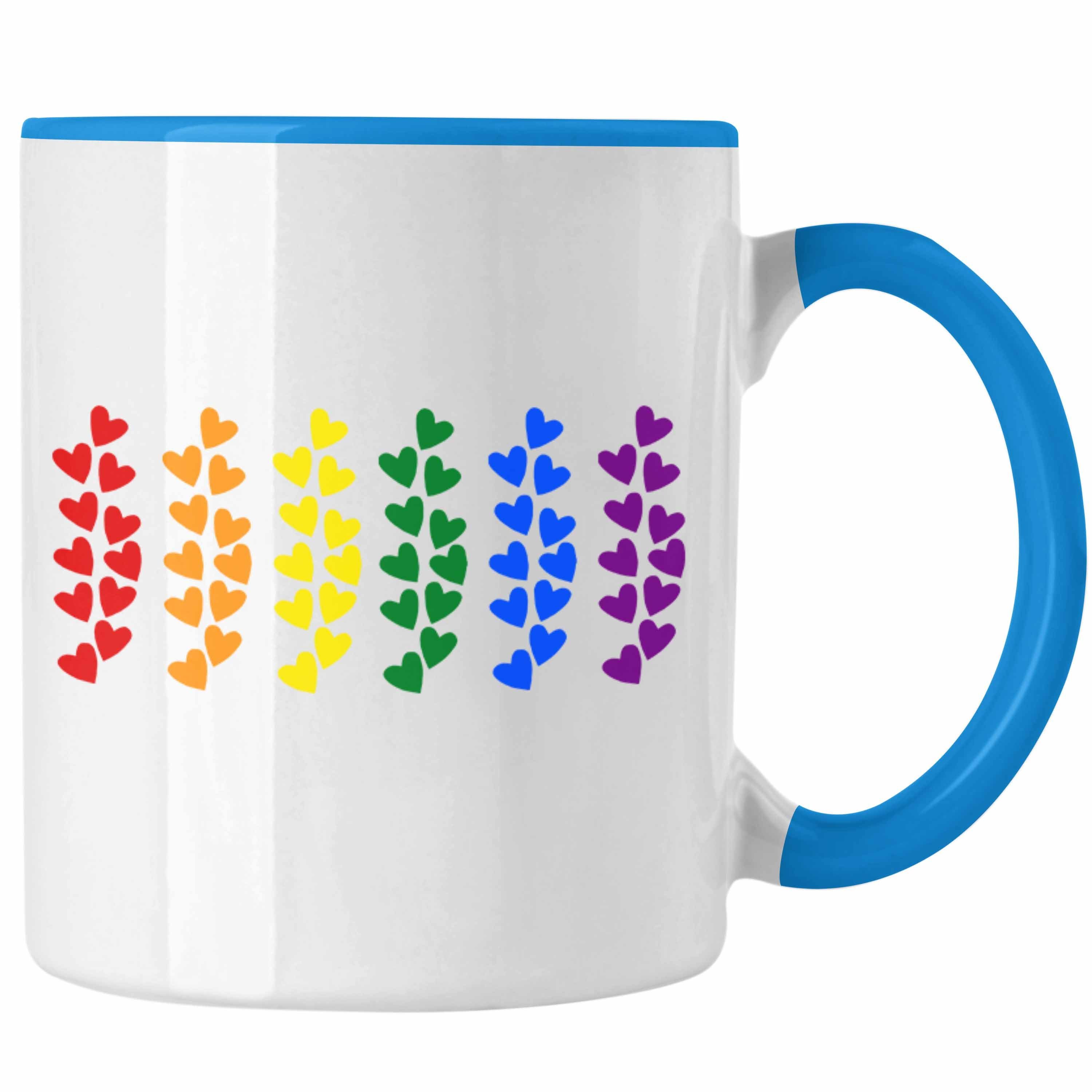 Trendation Tasse Trendation - Regenbogen Tasse Geschenk LGBT Schwule Lesben Transgender Grafik Pride Herzen Flagge Blau