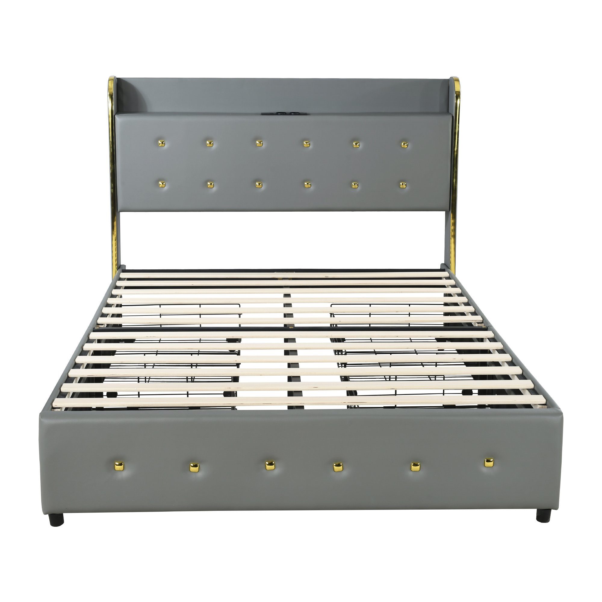 Polsterbett (Stauraumbett, Doppelbett), mit USB Typ C Ladefunktion und 4 Schubladen, Kunstleder, 140x200cm