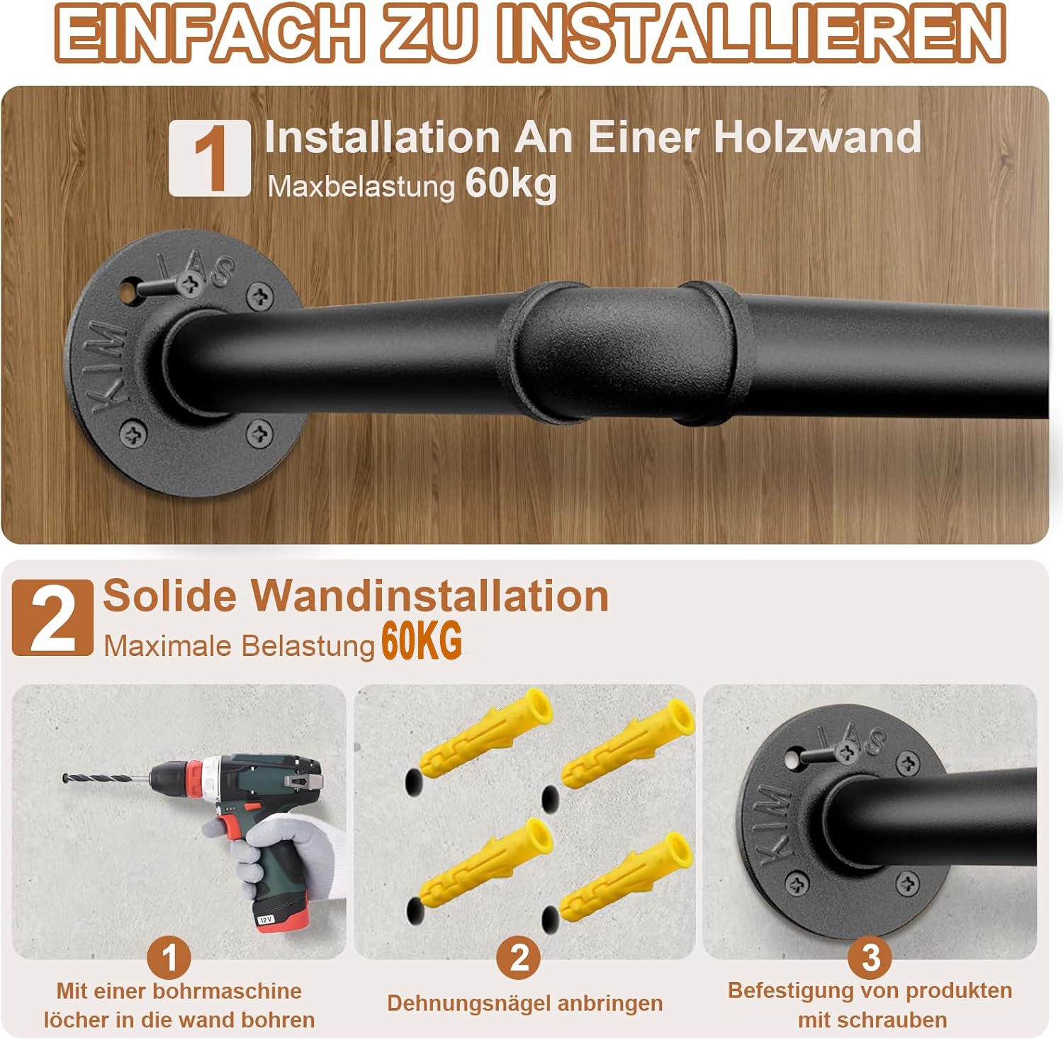 ibettertec Garderobenstange Industrierohr Kleiderstangen,Garderobenstange für die Wand, (Metall Industrial Garderobenstange Wandmontage,Retro-Metall-Kleiderstange,Abnehmbare Platzsparend Wand Kleiderständer für Zuhause)