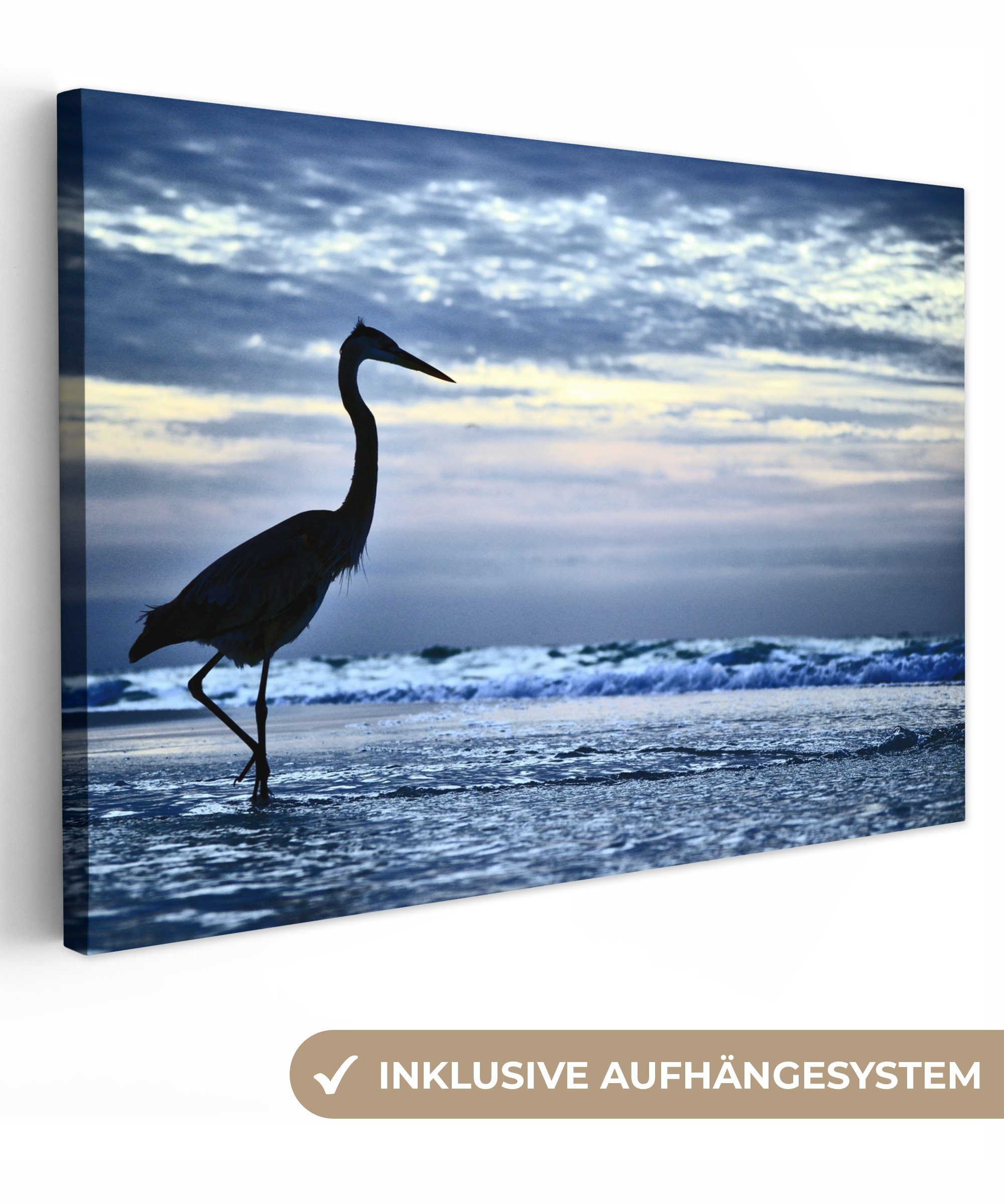 OneMillionCanvasses® Leinwandbild Ein Bild von einem Kranich am Strand, (1 St), Wandbild Leinwandbilder, Aufhängefertig, Wanddeko, 30x20 cm