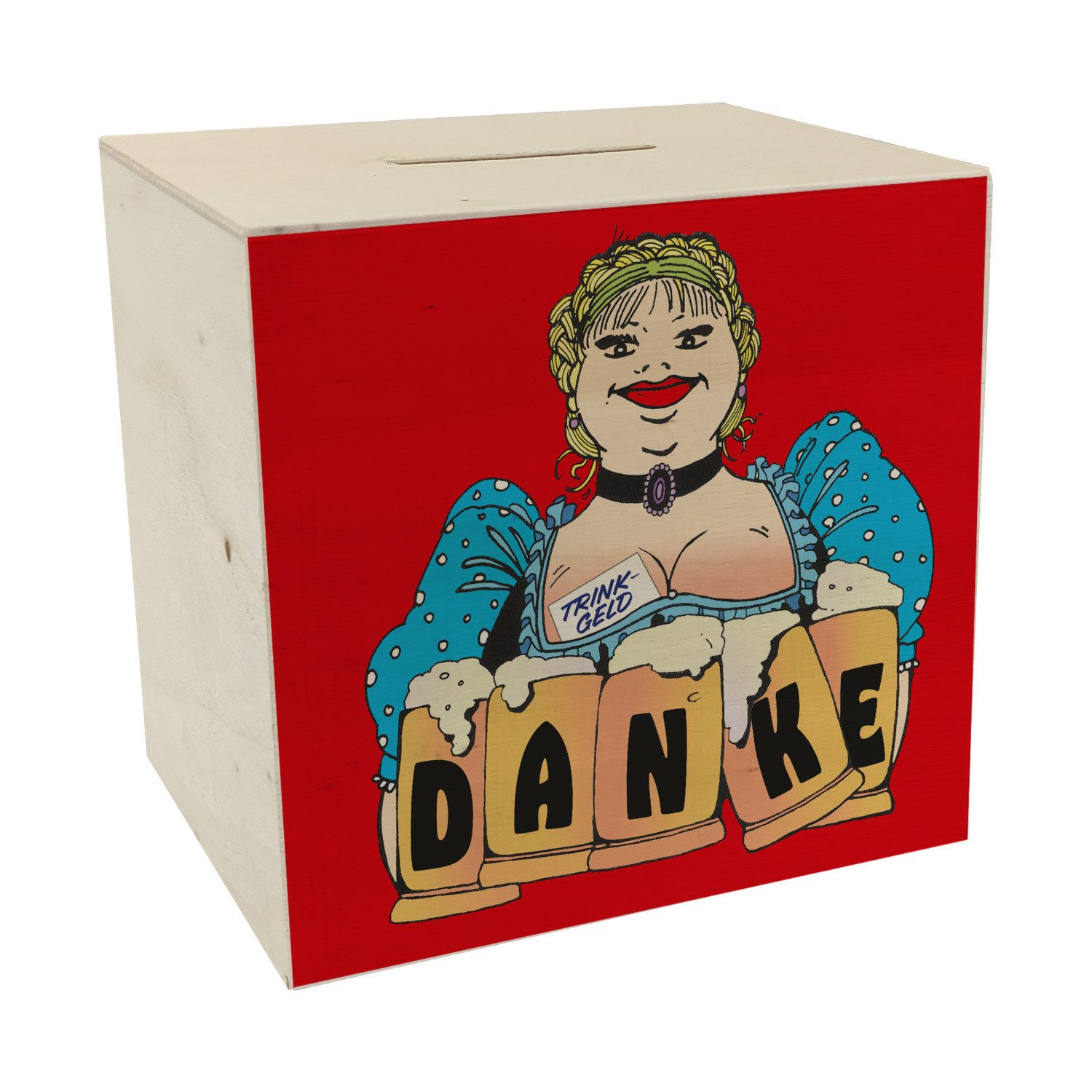 Spardose Bierzeltbedienung mit Maßkrügen DANKE Spardose aus Holz in rot für
