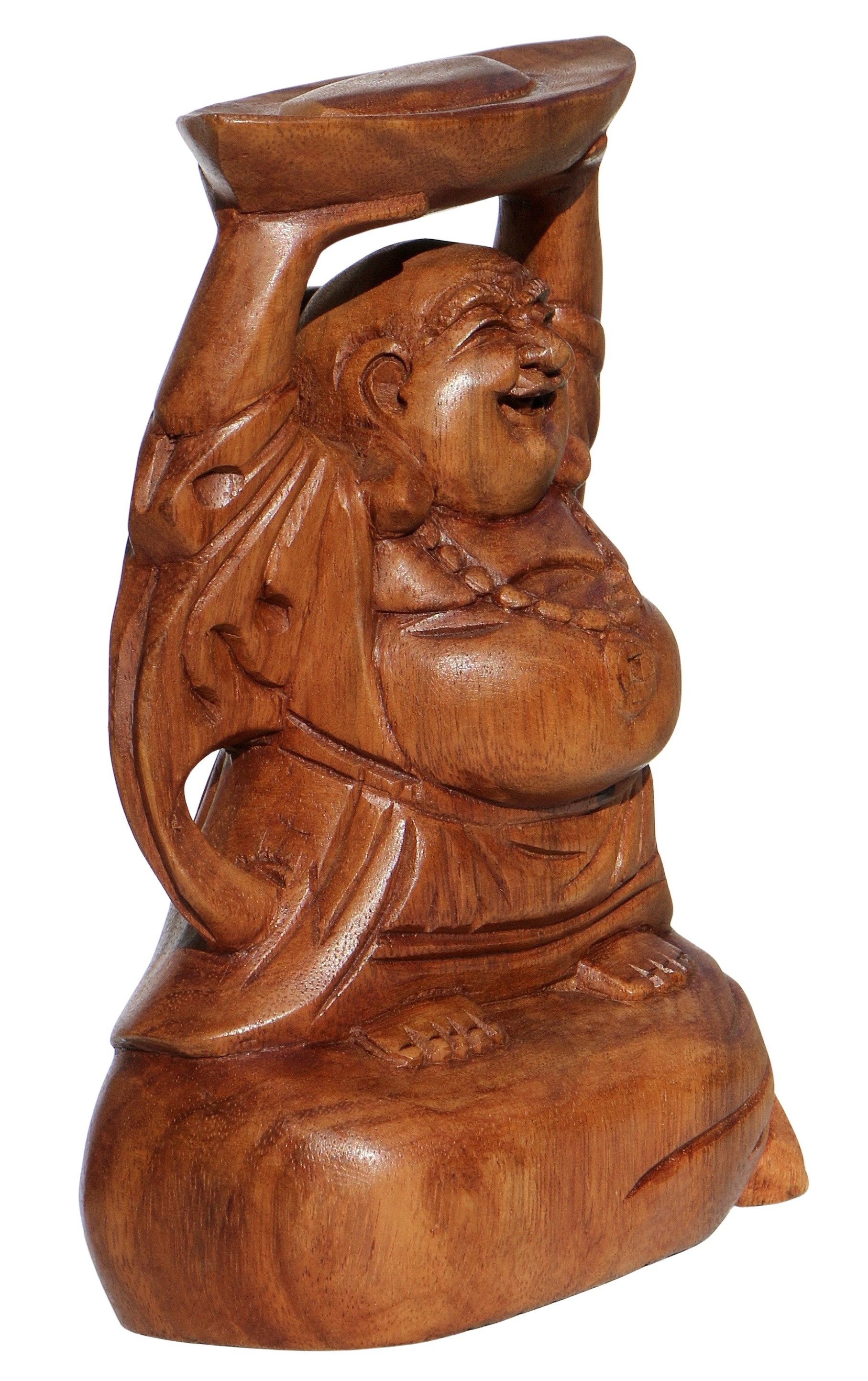 Wogeka Buddhafigur lachender Happy Buddha Geld Holz-Figur Feng Shui Statue