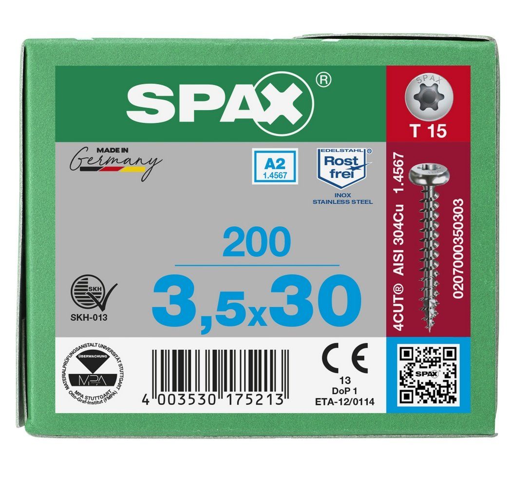 SPAX Spanplattenschraube 3,5x30 A2, St), (Edelstahl Edelstahlschraube, mm 200