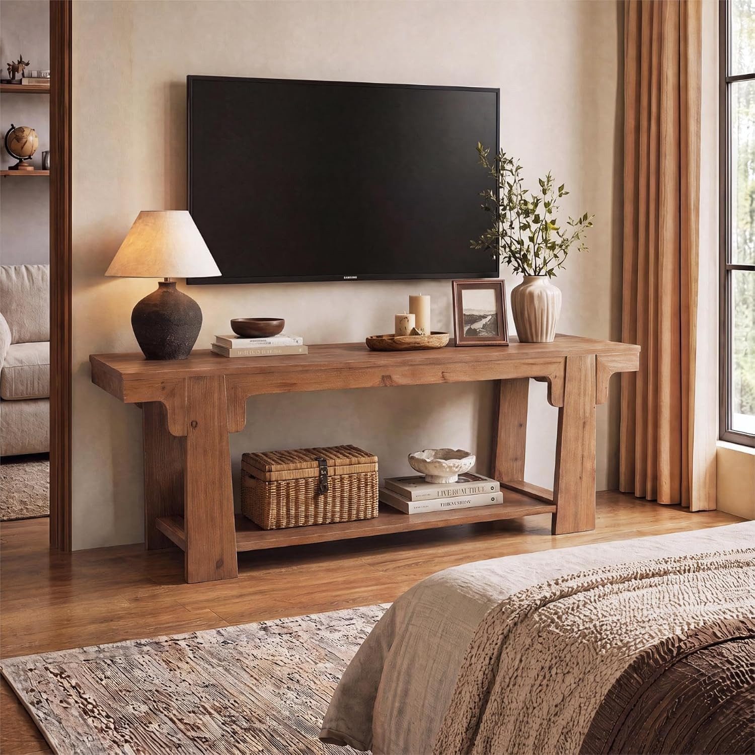 Tribesigns TV-Schrank Massivholz TV-Schrank 160 cm Bauernhausstil für Fernseher bis 75 Zoll