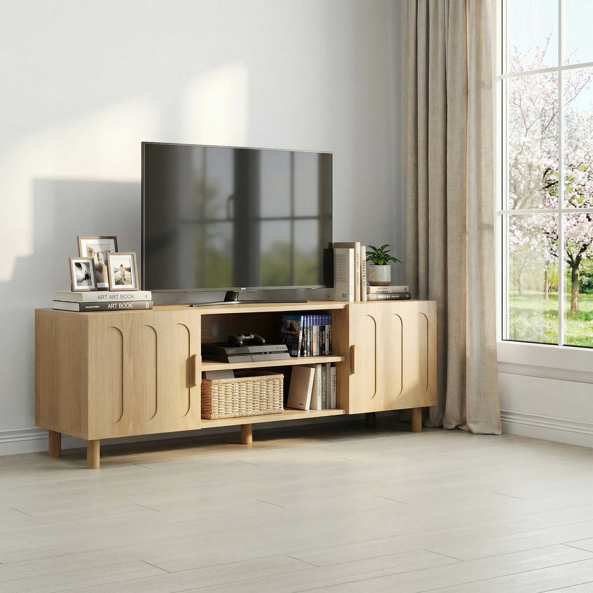 OKWISH TV-Schrank Landhausstil TV-Kommode (mit Kabelmanagement Eiche, 1-St., 140*40*48 cm)