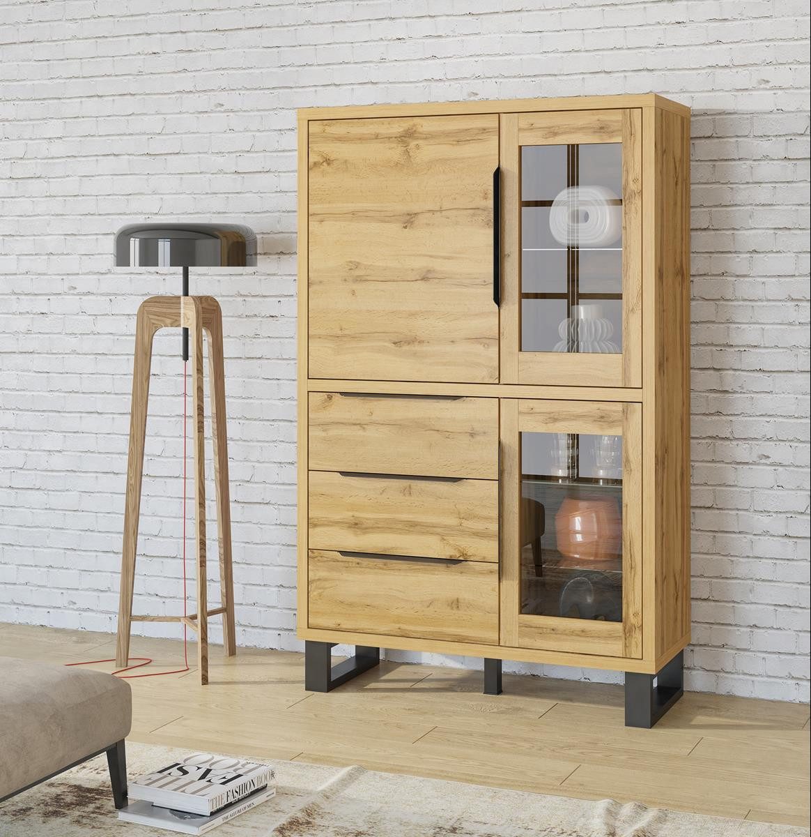 Compleo Glasvitrine Höhe 190 cm, Standvitrine mit 3 Türen und 3 Schubladen MANIA Metallgriffe