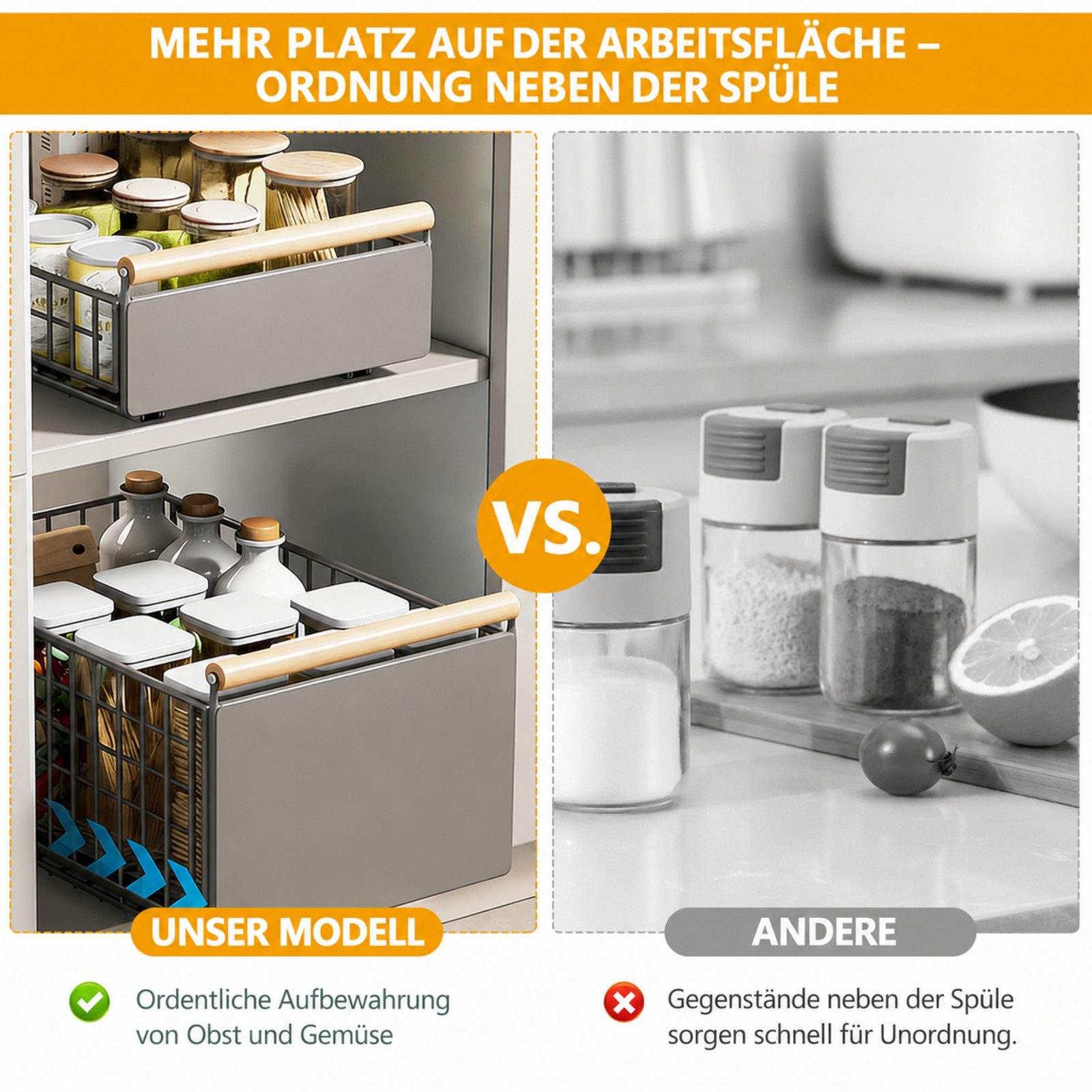 LEMLIT Küchenregal 2Pack Faltbarer Ausziehbare Schubladen-Regalaufbewahrung, 2 Packung 2-tlg., 2 Stück Teleskopschublade, Faltbarer Schrank-Organizer für die Kü – Bild 5 von 5