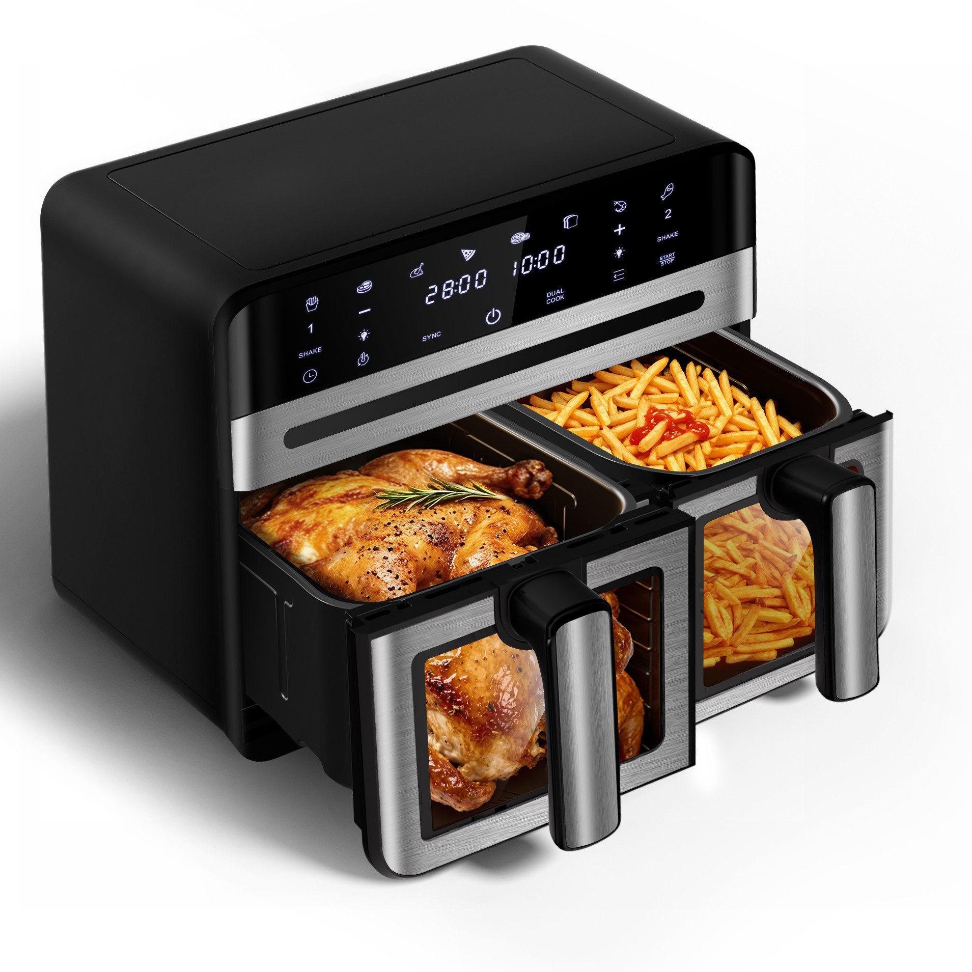 Fukstern Heißluftfritteuse 2 Kammern, 2 Schubladen,Airfryer 11L mit Sichtfenster, Touchdisplay, 8 voreingestellte Programme, unabhängiger Temperaturregelung, Antihaft-Metallkörbe, 5.5L+5.5L, fettarmes gesundes Kochen, 2400 W, 2400 W, inklusive Grillzange (Backzange) und Öl-Pinsel