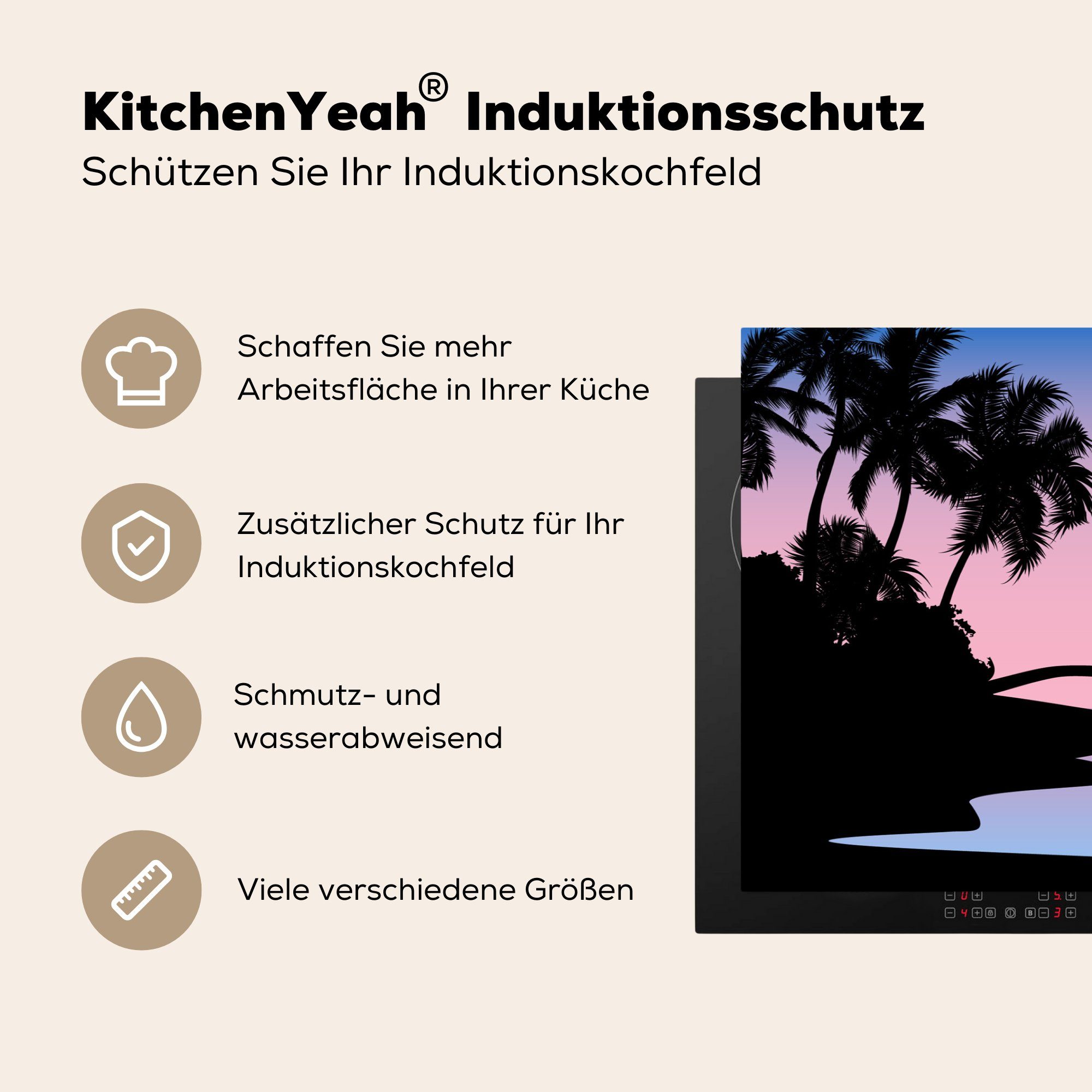Vinyl, - Induktionskochfeld Schutz MuchoWow tlg), - Schatten, Palme Boot küche, die Strand cm, Herdblende-/Abdeckplatte (1 81x52 - für Ceranfeldabdeckung