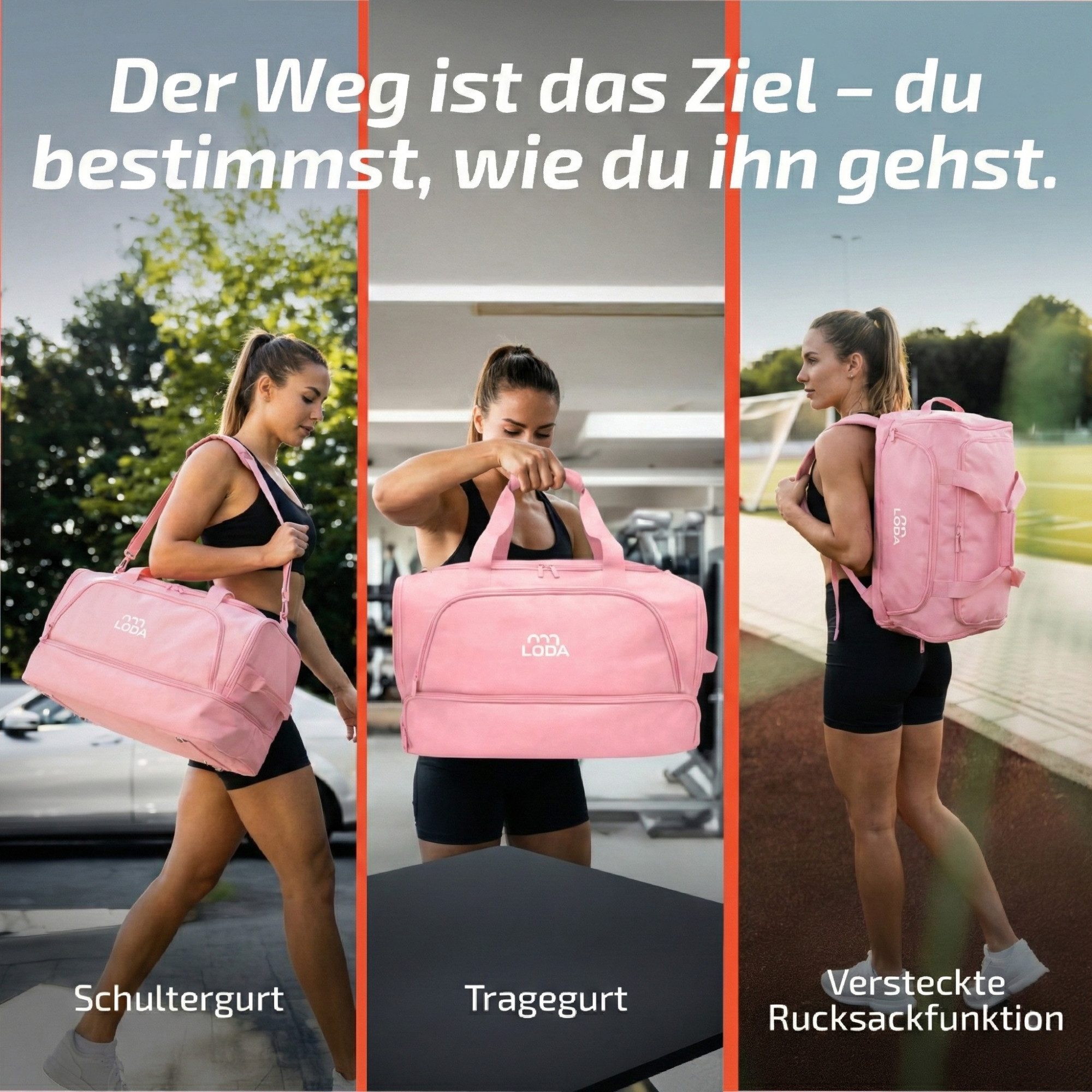 LODA sports Sporttasche compact 48L - Trainingstasche mit Rucksackfunktion & Schuhfach, 50 cm (L) x 30cm (B) x 32cm (H), 48 Liter Volumen