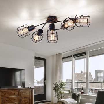etc-shop LED Deckenspot, Leuchtmittel nicht inklusive, Deckenleuchte Wohnzimmerlampe Metall Holz Gitter 5 Flammig L 68 cm