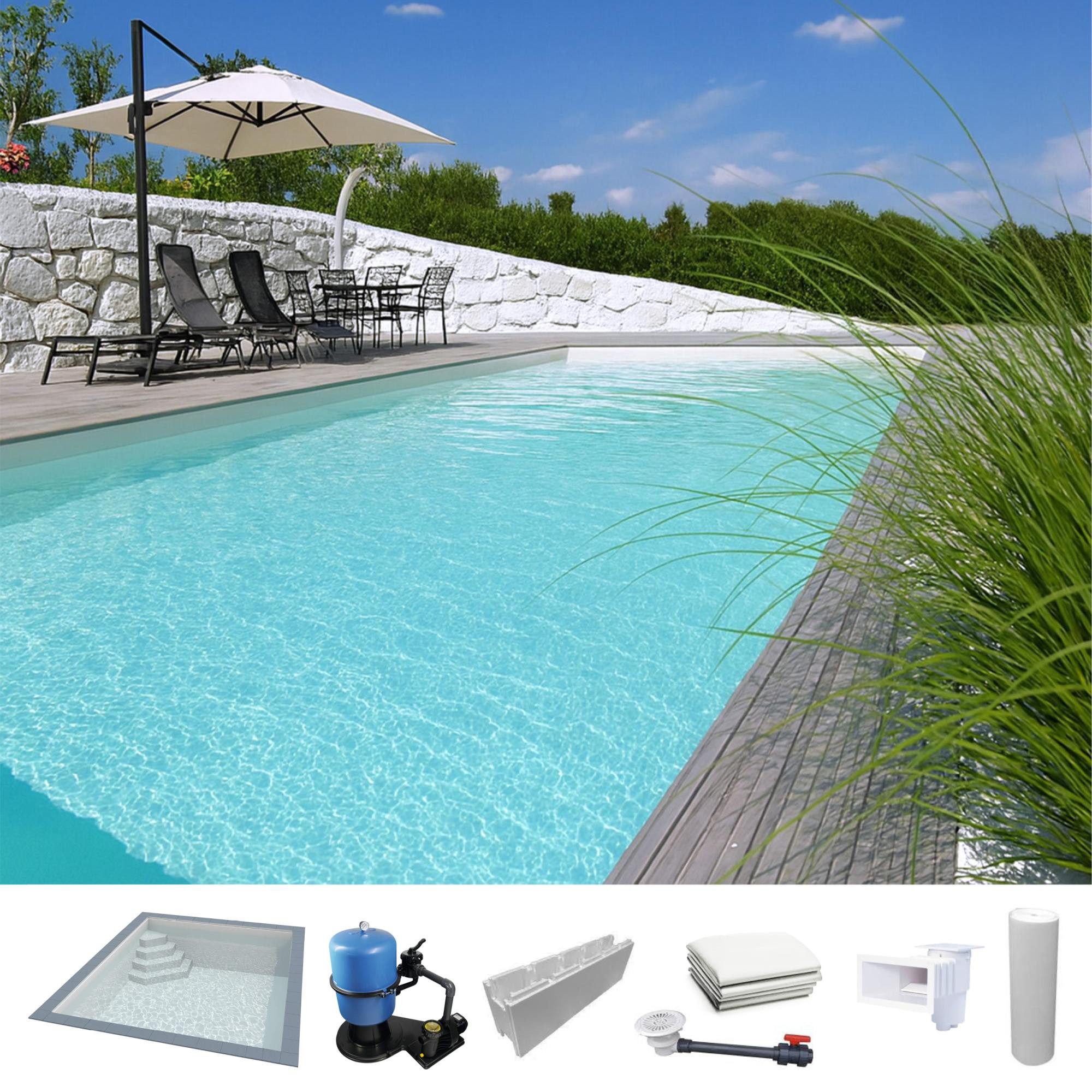 KWAD Rechteckpool KWAD Styropor Pool Easy mit Ecktreppe links 7 x 3, (Komplett-Set, 1-tlg), Langlebige Styroporsteine