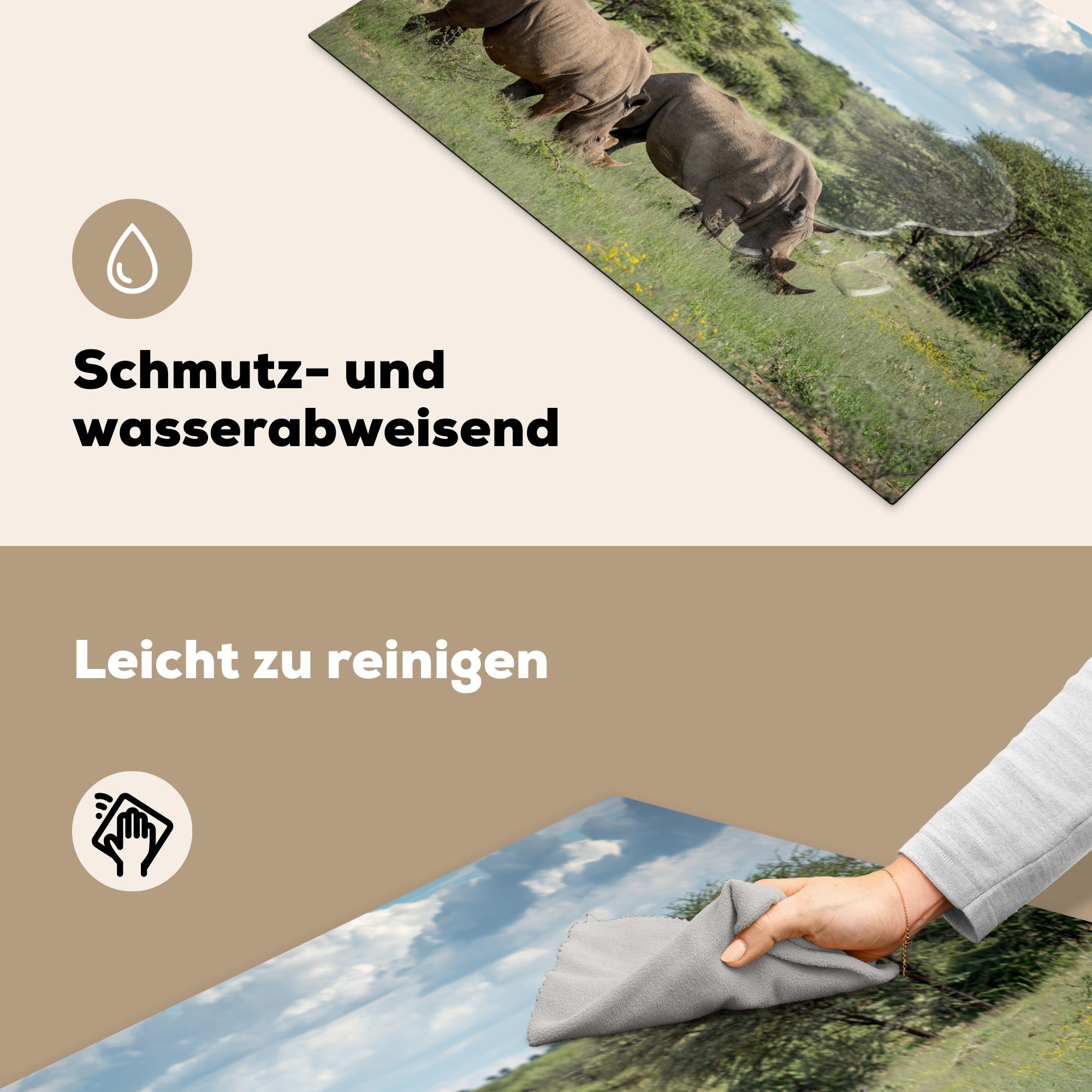 MuchoWow Rhinozeros Herdblende-/Abdeckplatte Vinyl, - Schutz 81x52 küche, tlg), Afrika, Ceranfeldabdeckung - für Induktionskochfeld (1 die Gras cm,