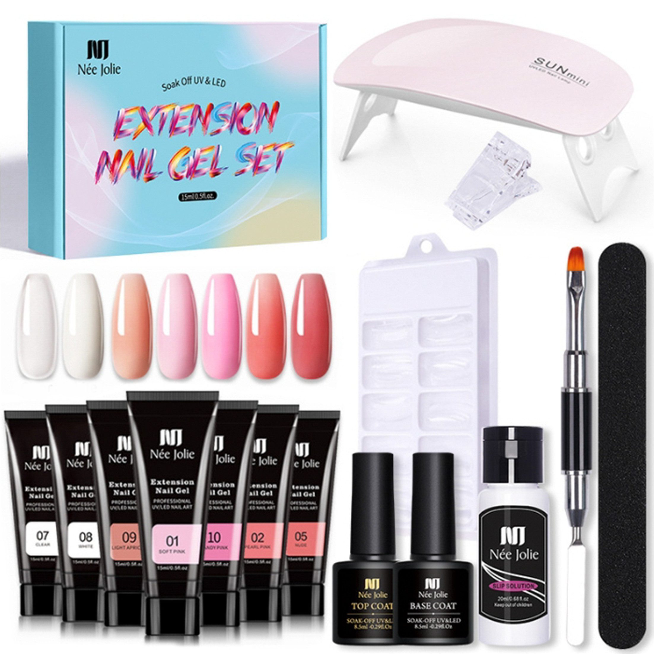 KINSI Lichthärtungsgerät Nagelverlängerung Gel Set - 15 Stück Komplettset mit 7 Farben, für Anfänger & Profis,Inklusive Alles für DIY Nail Art zu Hause
