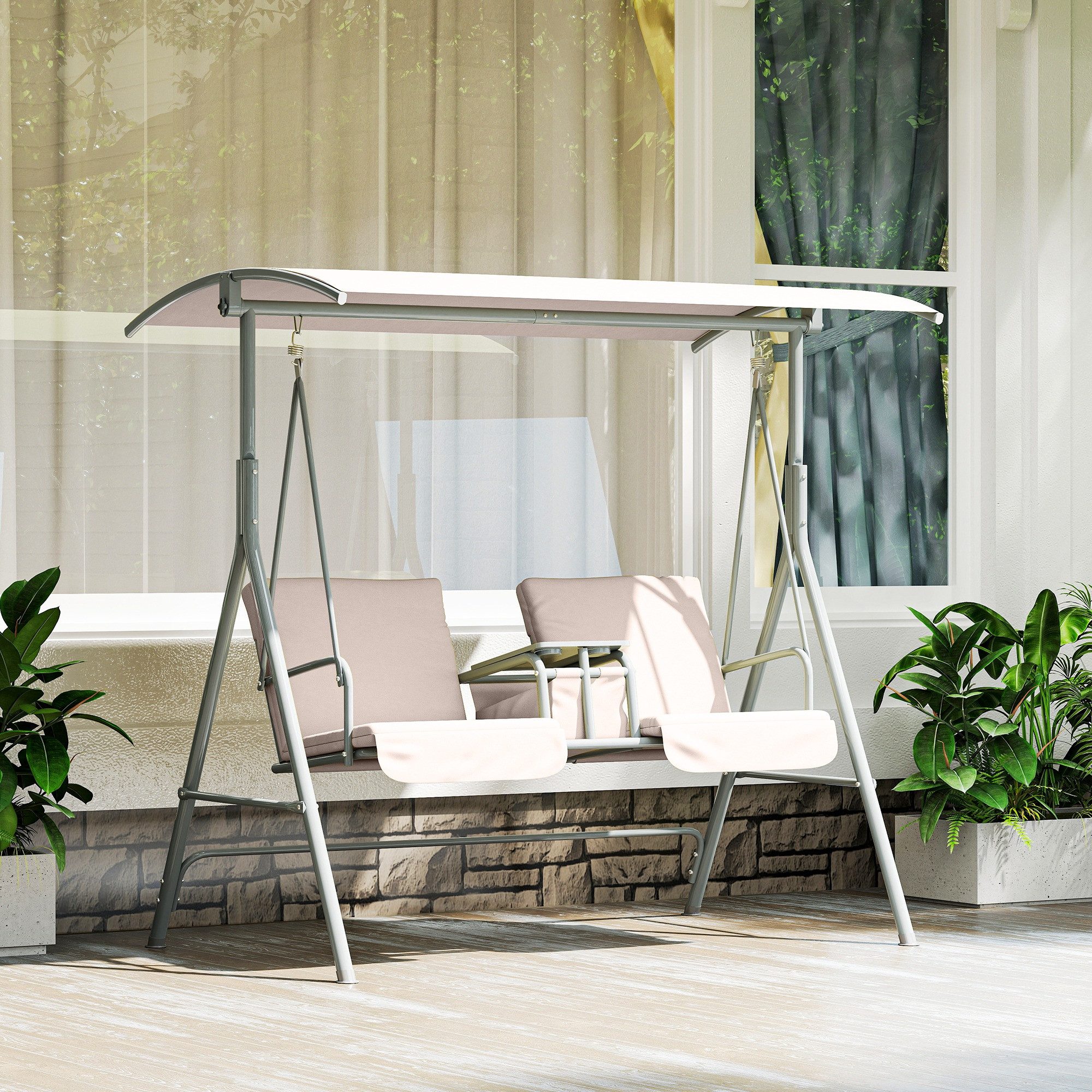 Outsunny Hollywoodschaukel mit Becherhalter, Seitentasche, Schaukelbank belast bis 180 kg, 2-Sitzer, mit Sonnendach, 2-Sitzer Gartenschaukel, 1 tlg., Schaukelbank, für Garten, Terrasse, 175 x 112 x 158 cm, Beige