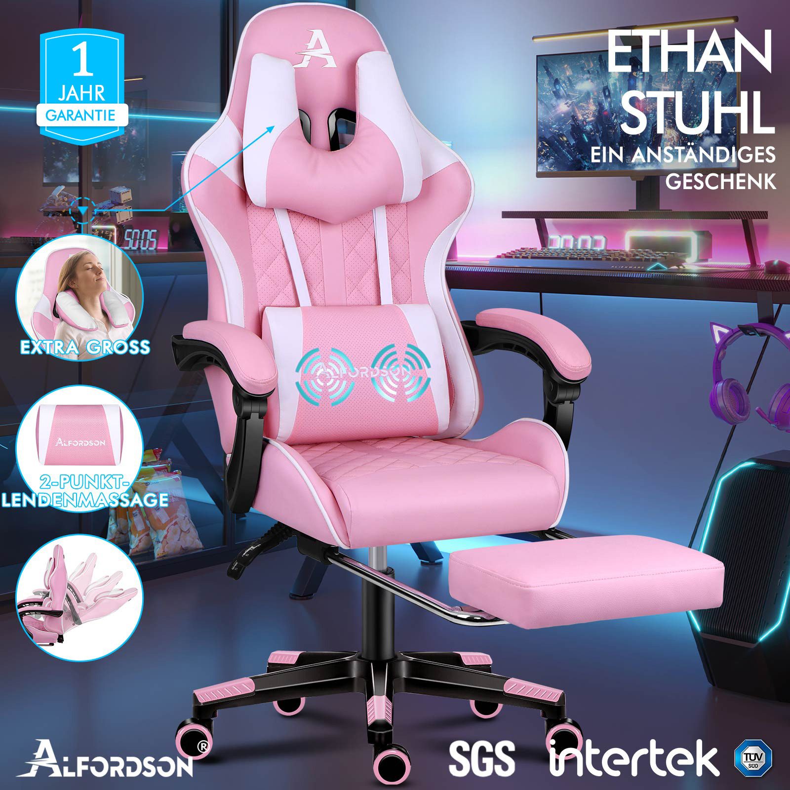 ALFORDSON Gaming-Stuhl Bürostuhl, Integrierte Fußstütze, mit Lendenwirbelki günstig online kaufen