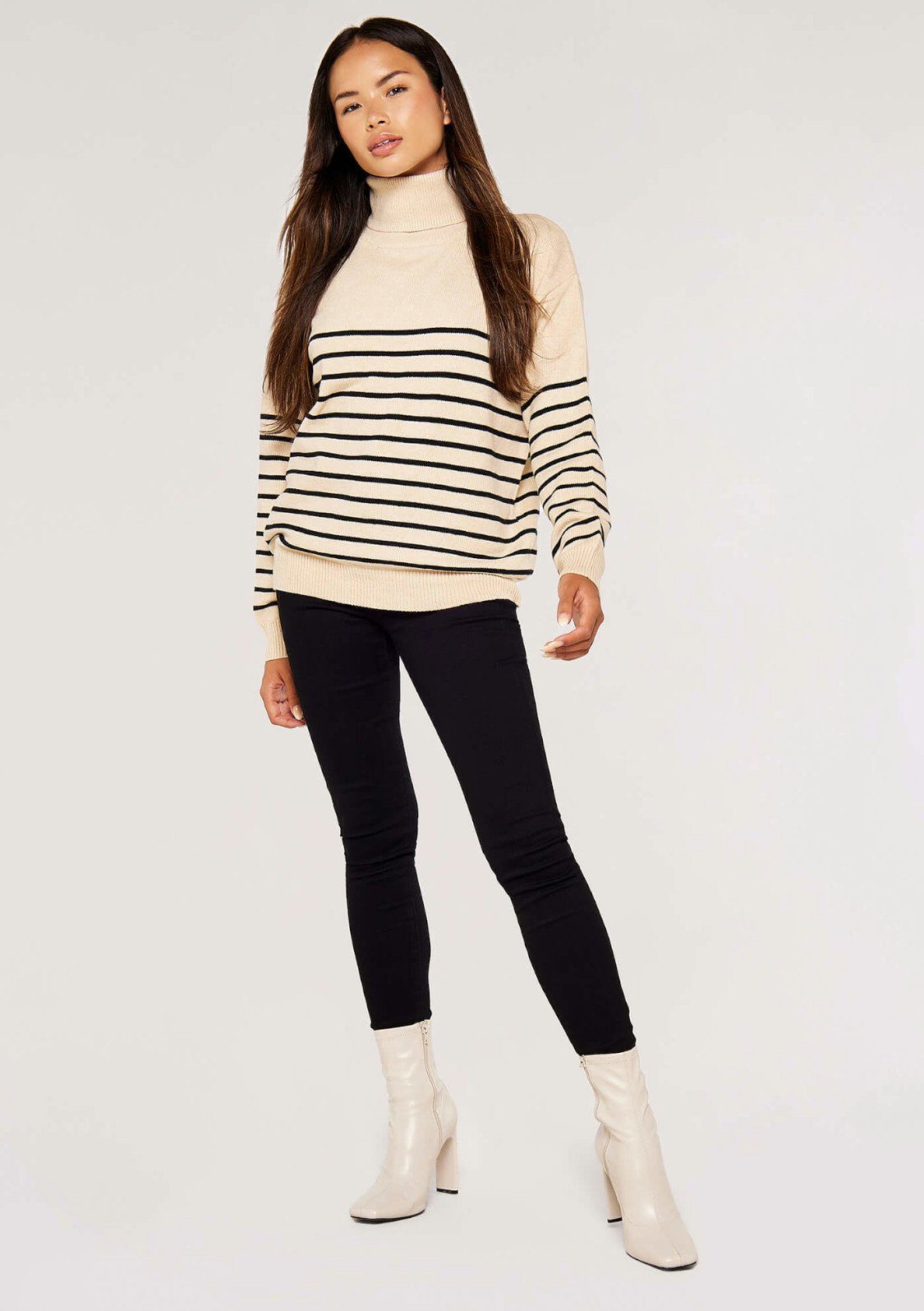 Roll Rollkragen (1-tlg) Neck Stripe Jumper stone Model Apricot mit Rollkragenpullover